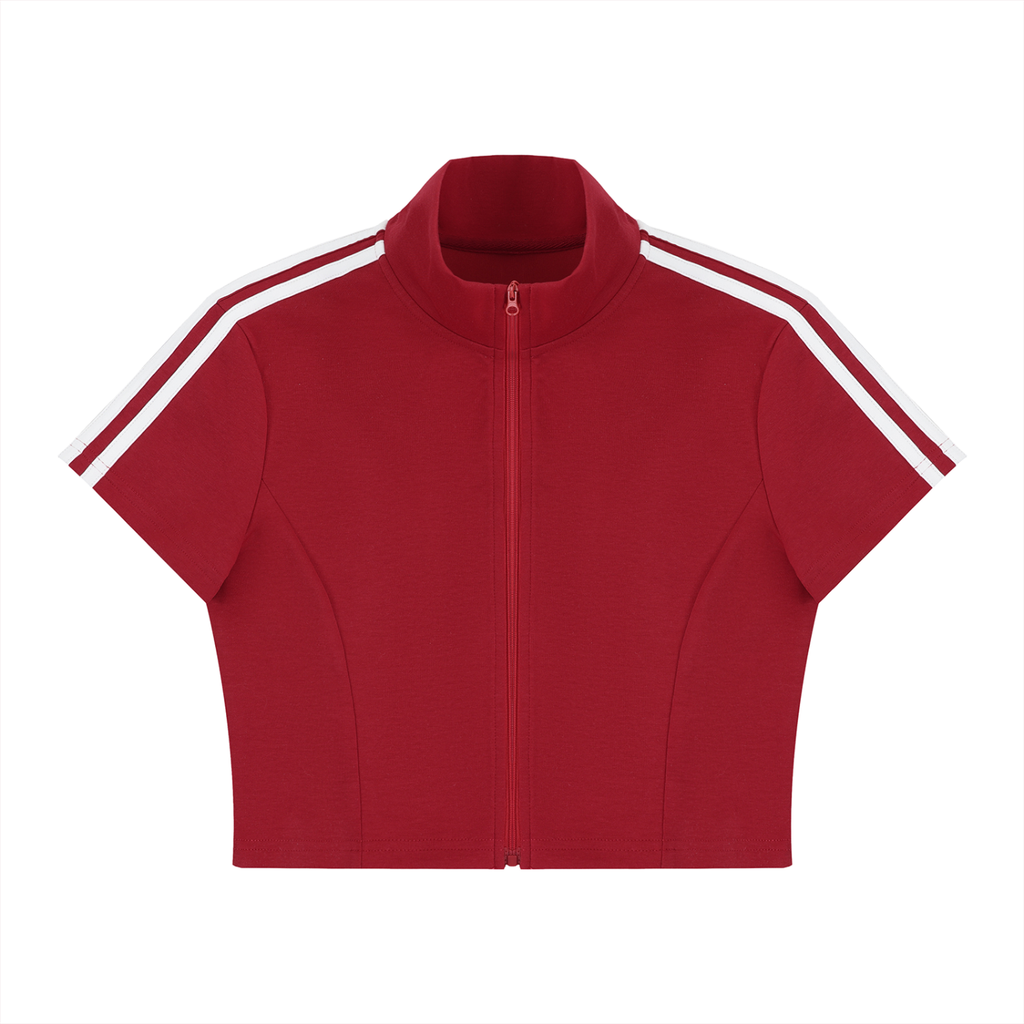 Women’s cropped full-zip short-sleeve T-shirt in red