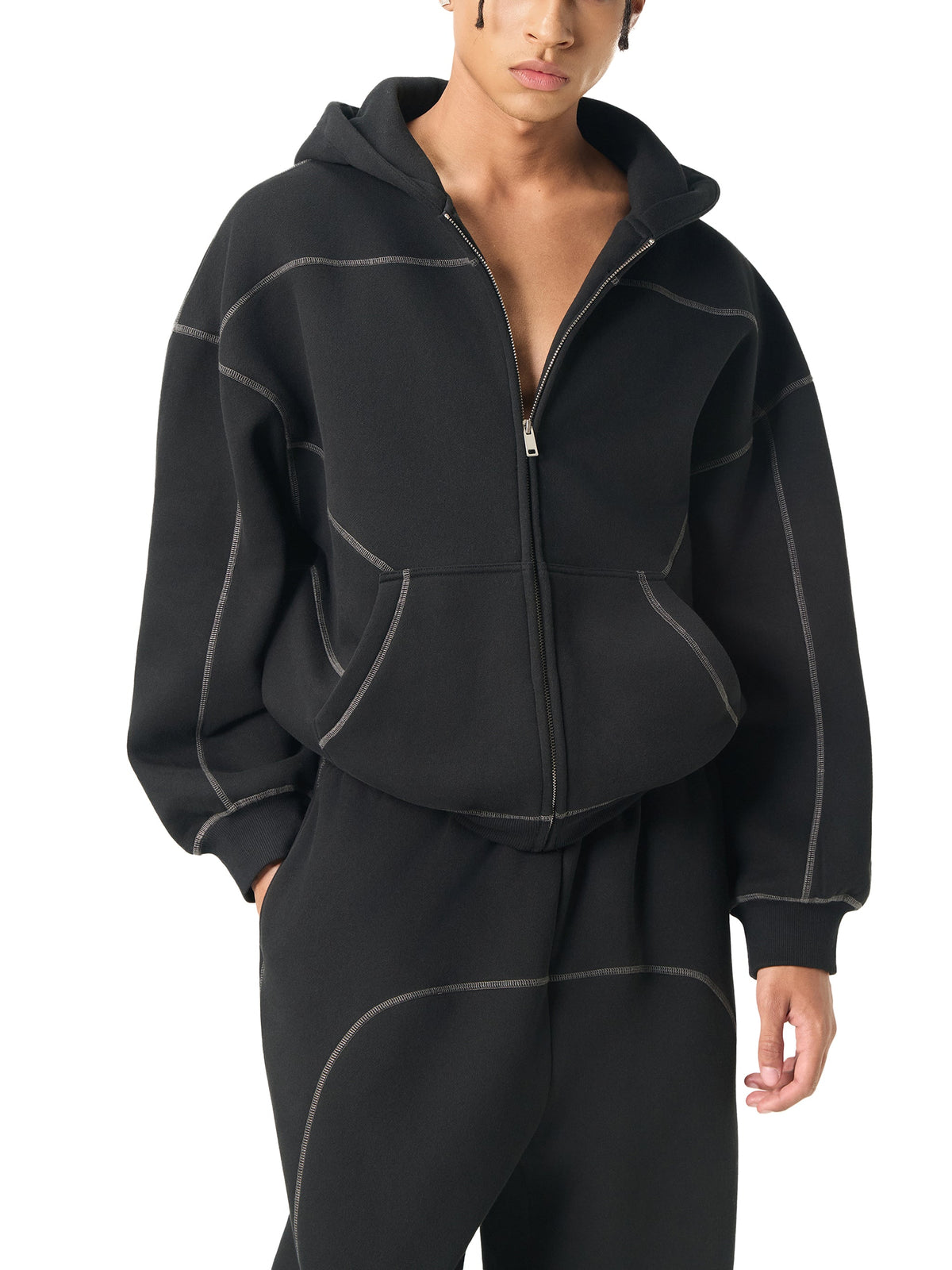 Contrast-Stitched Boxy Fleece Zip Hoodie