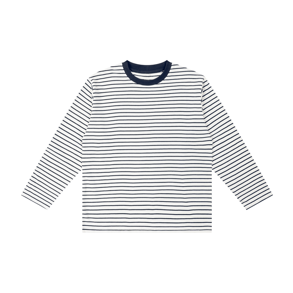 Kids’ Striped Long Sleeve T-Shirt in White with Navy Blue — front view