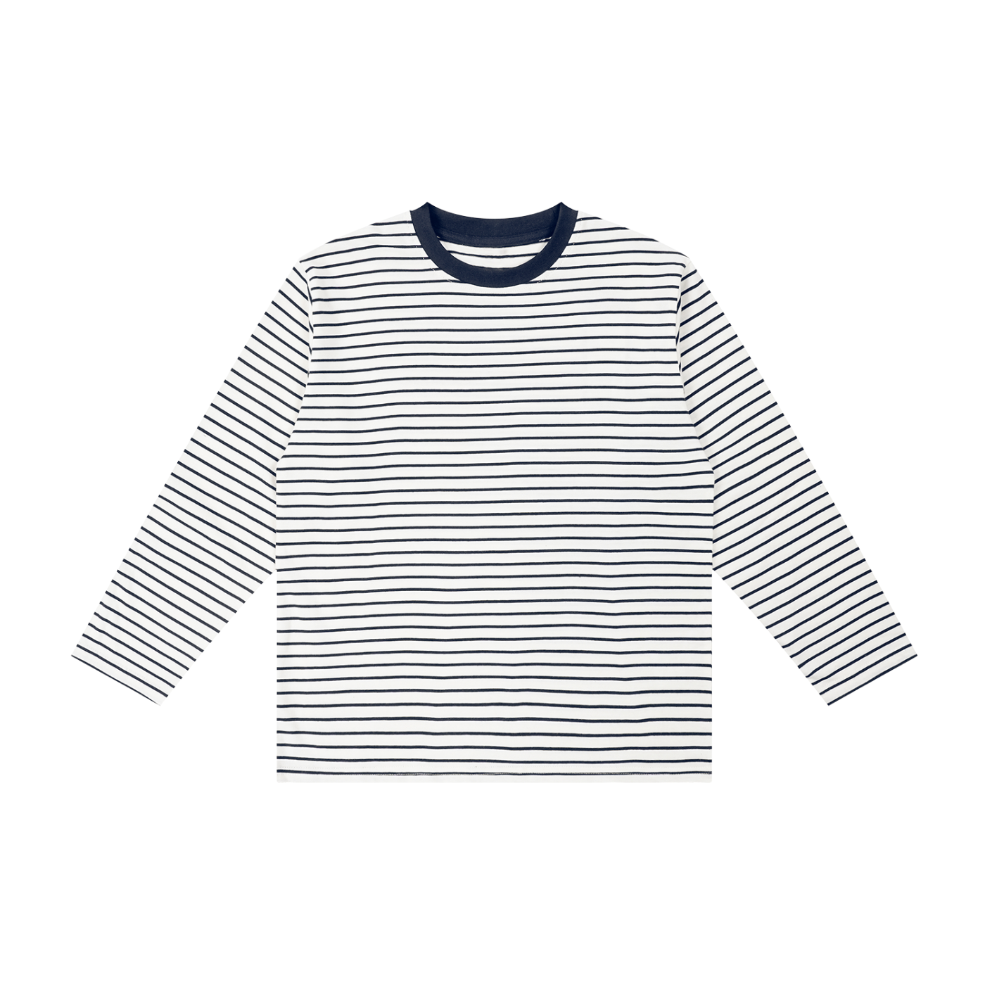 Kids’ Striped Long Sleeve T-Shirt in White with Navy Blue — front view