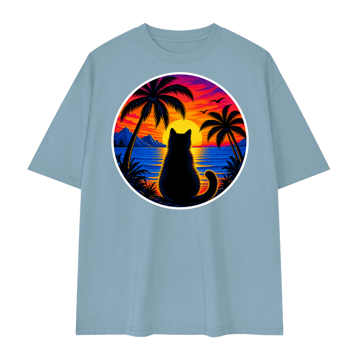 Tropical Sunset Cat Unisex Loose Drop Shoulder T-Shirt