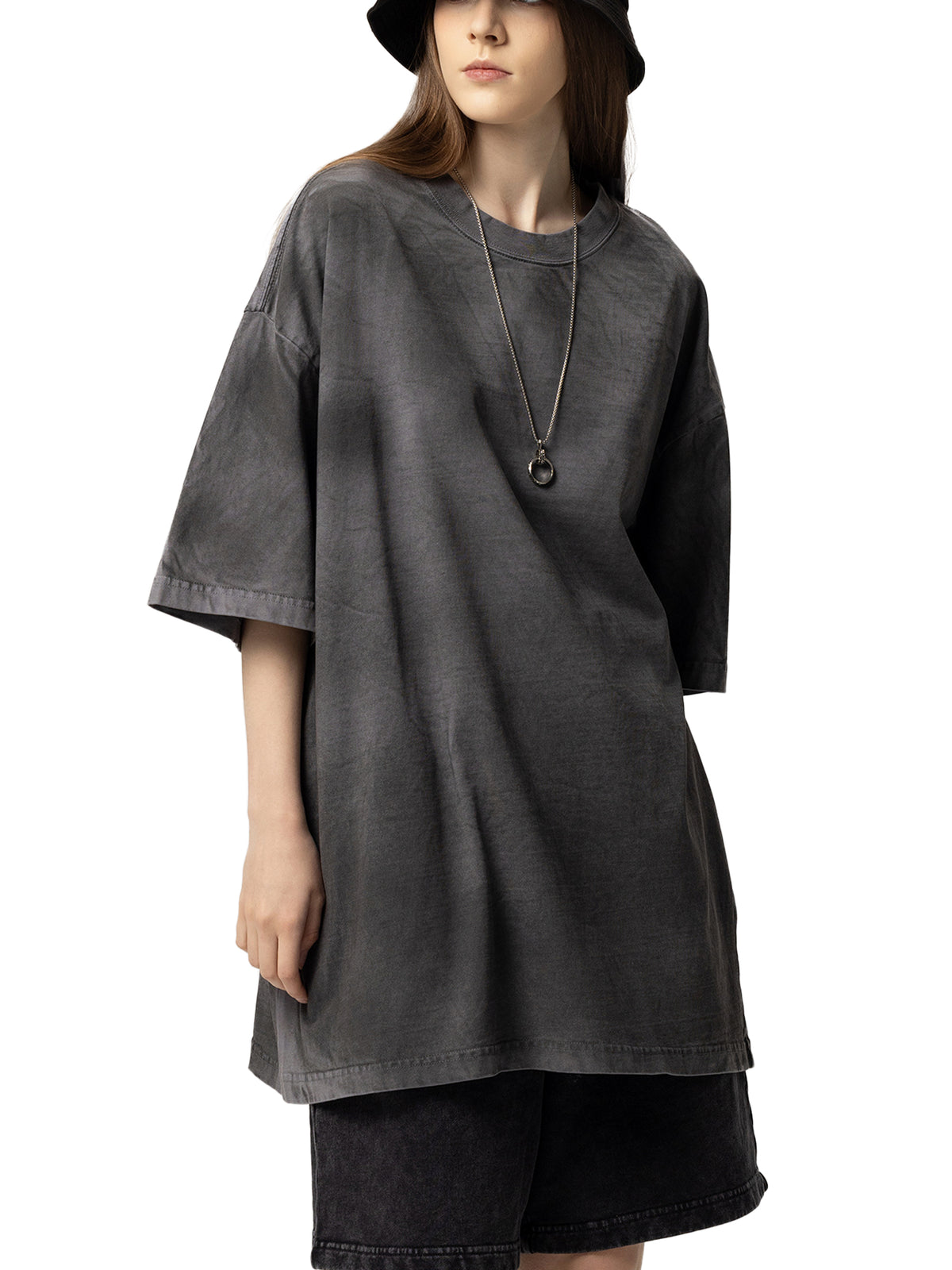 Off Script Dirty Washed Loose T-Shirt - Dark Gray female model side view