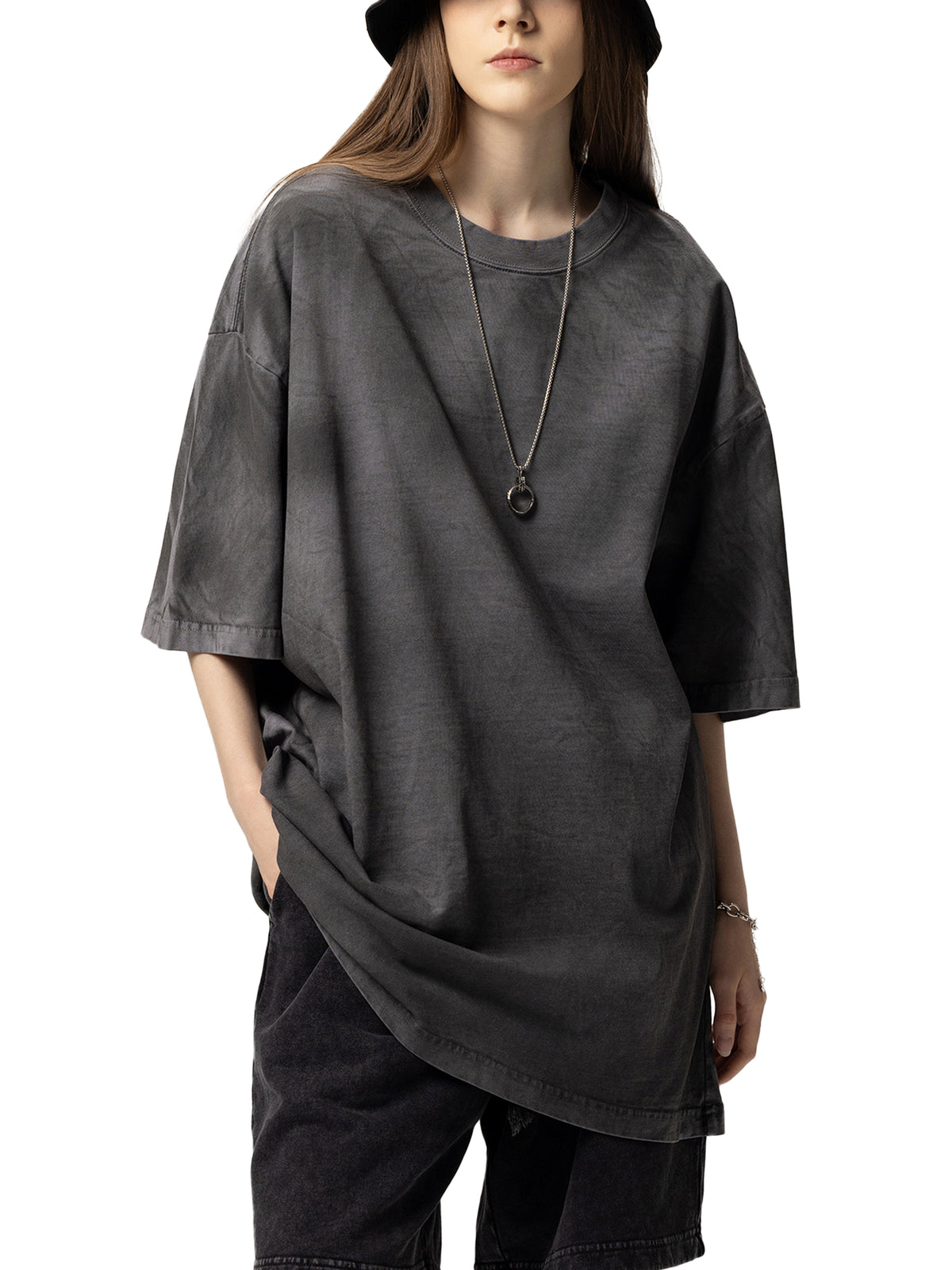 Off Script Dirty Washed Loose T-Shirt - Dark Gray female model relaxed view