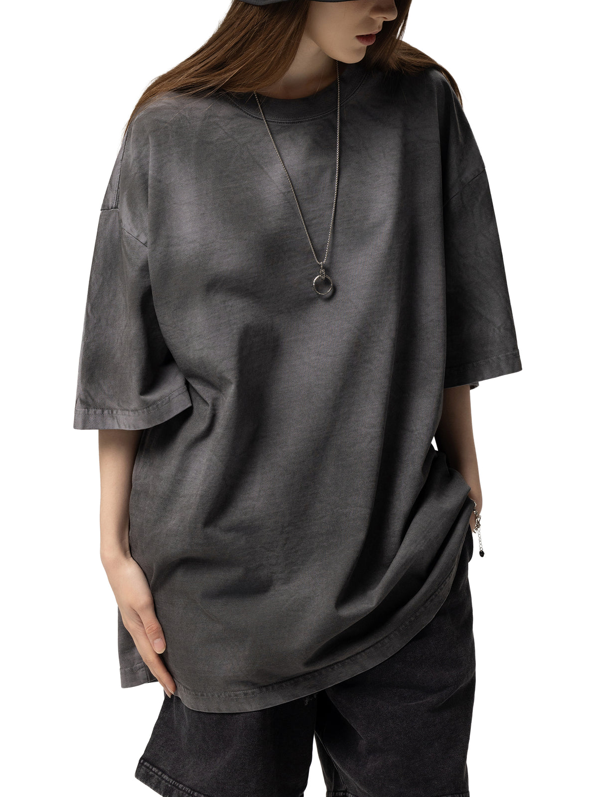 Off Script Dirty Washed Loose T-Shirt - Dark Gray female model alternate view