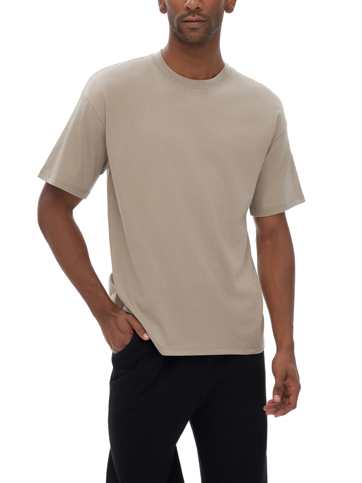 Off Script Drop Shoulder Cotton T-Shirt - Silver Birch male model alternate front view