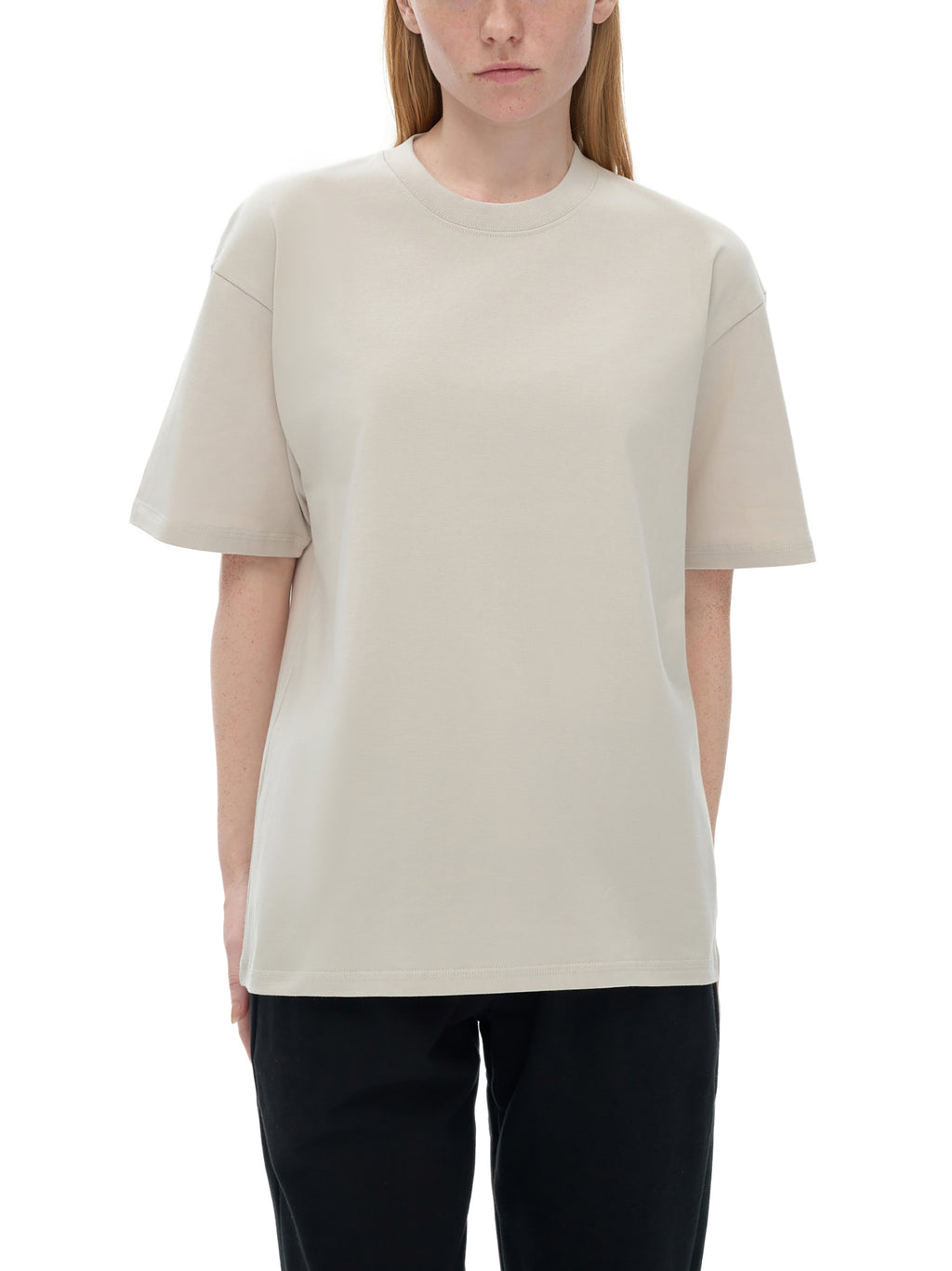 Off Script Drop Shoulder Cotton T-Shirt - Silver Birch female model front view
