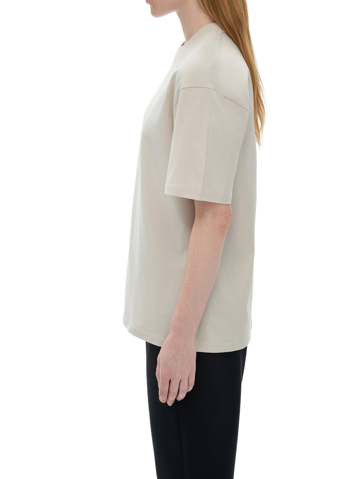 Off Script Drop Shoulder Cotton T-Shirt - Silver Birch female model side view