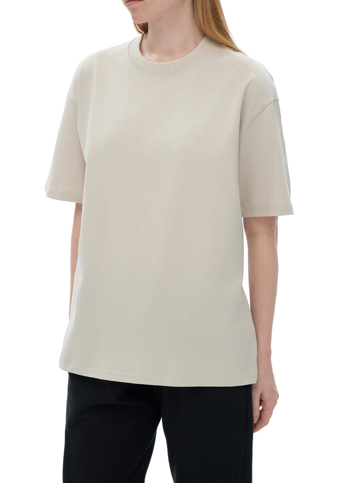 Off Script Drop Shoulder Cotton T-Shirt - Silver Birch female model alternate front view