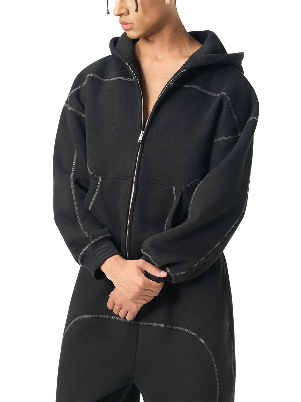 Contrast-Stitched Boxy Fleece Zip Hoodie