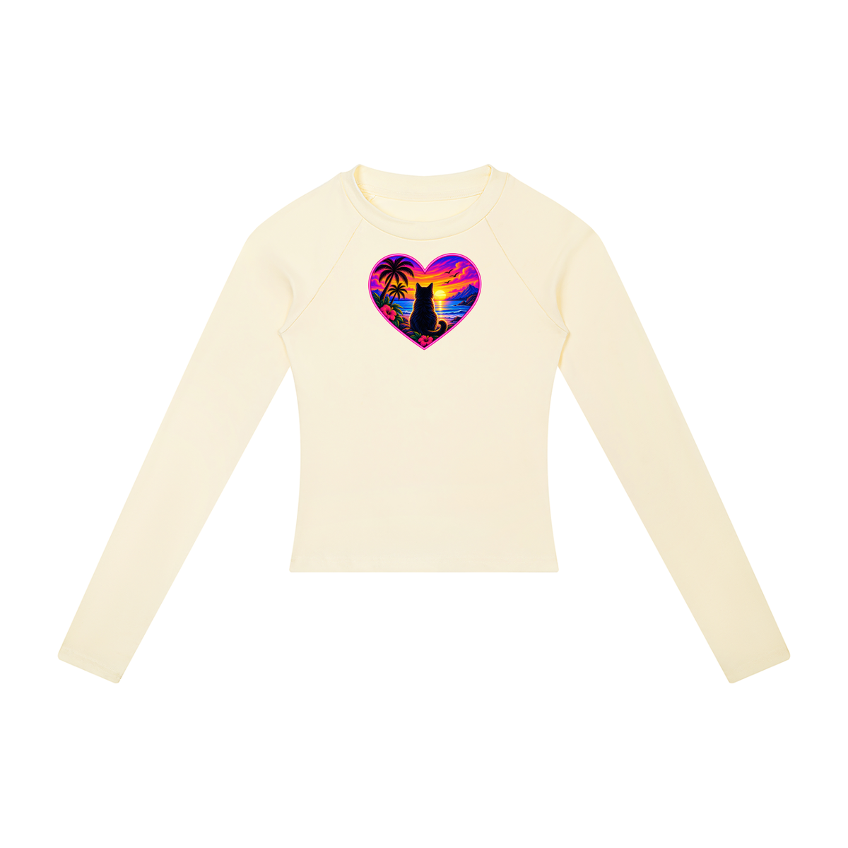 Sunset Cat Heart Women's Raglan Long Sleeve Crop T-Shirt