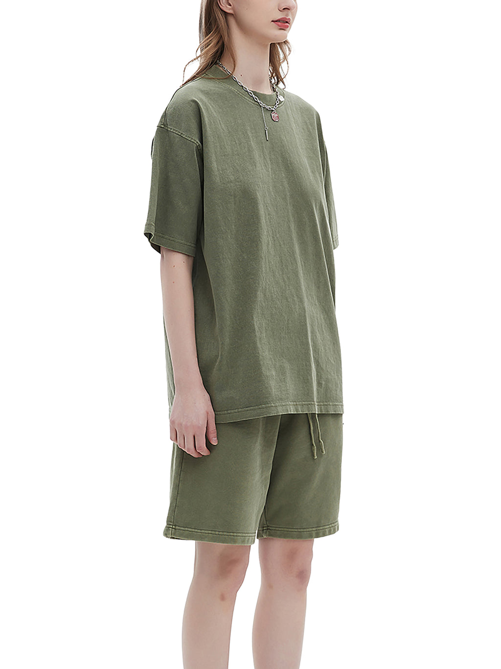 Gray Green Enzyme Washed T-Shirt on female model angled front view