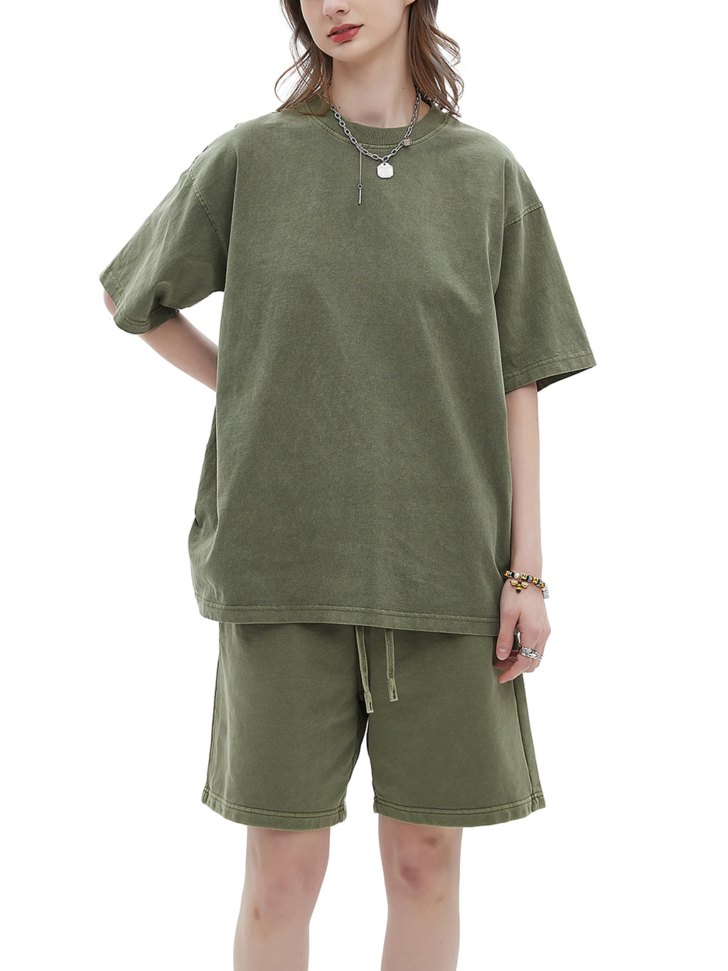 Gray Green Enzyme Washed T-Shirt on female model side view