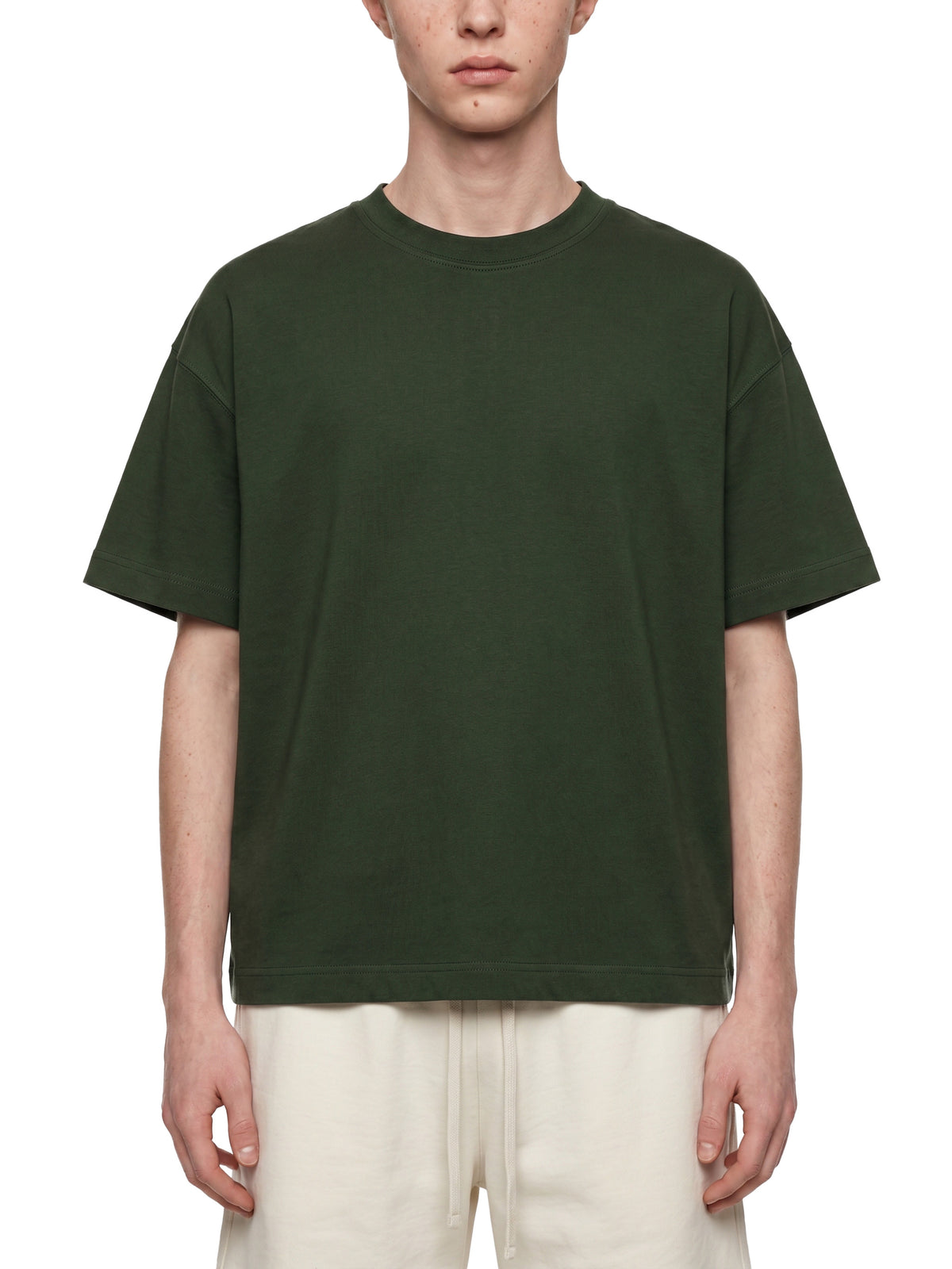 Off Script Essential Cotton Boxy T-Shirt - Dark Green model front view