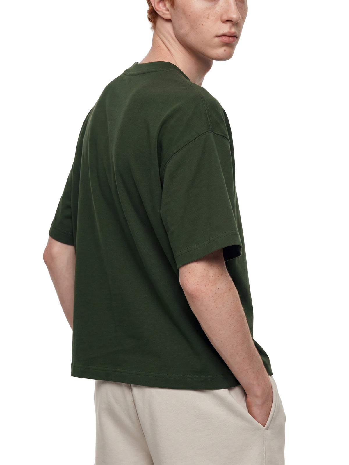 Off Script Essential Cotton Boxy T-Shirt - Dark Green model three-quarter back view