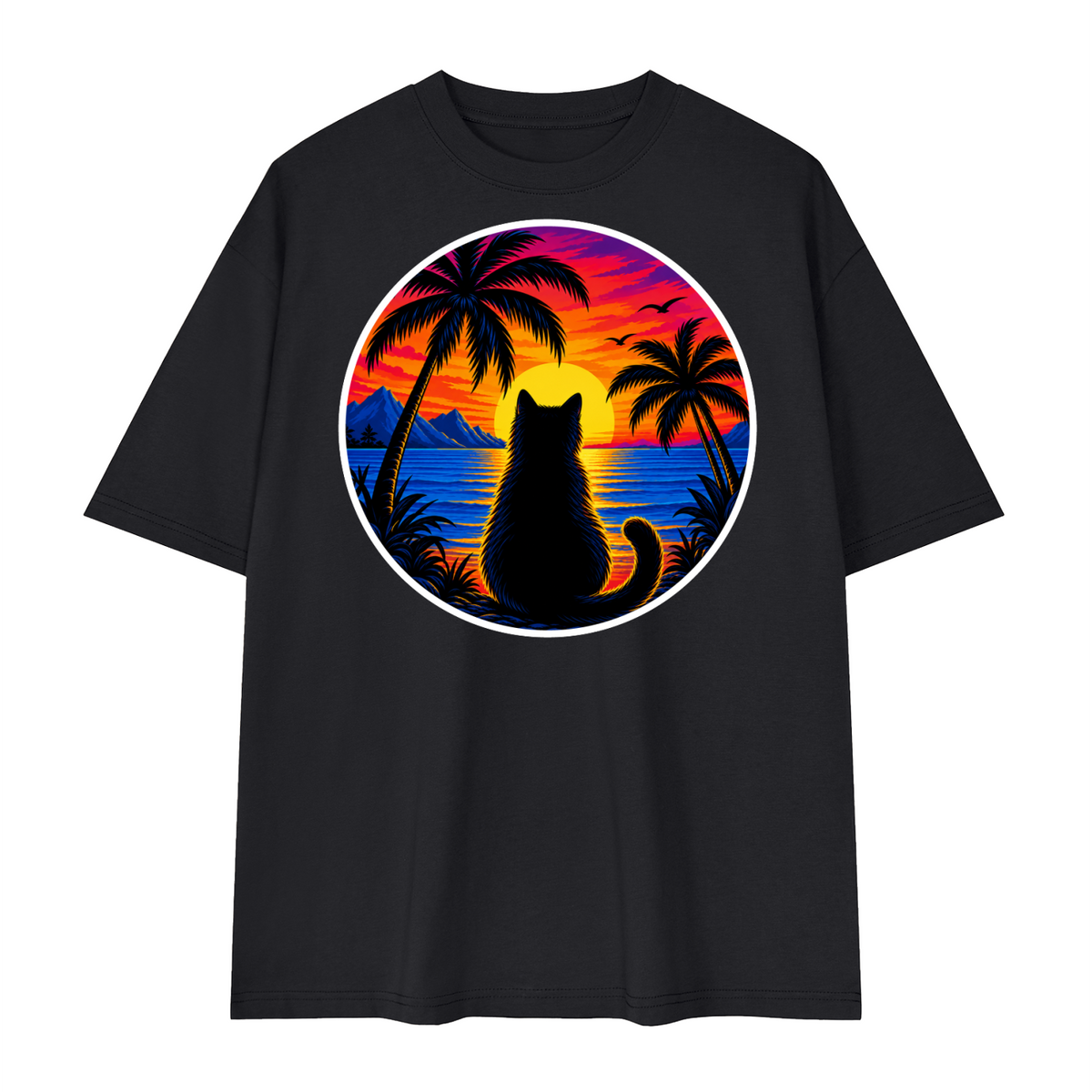 Tropical Sunset Cat Unisex Loose Drop Shoulder T-Shirt