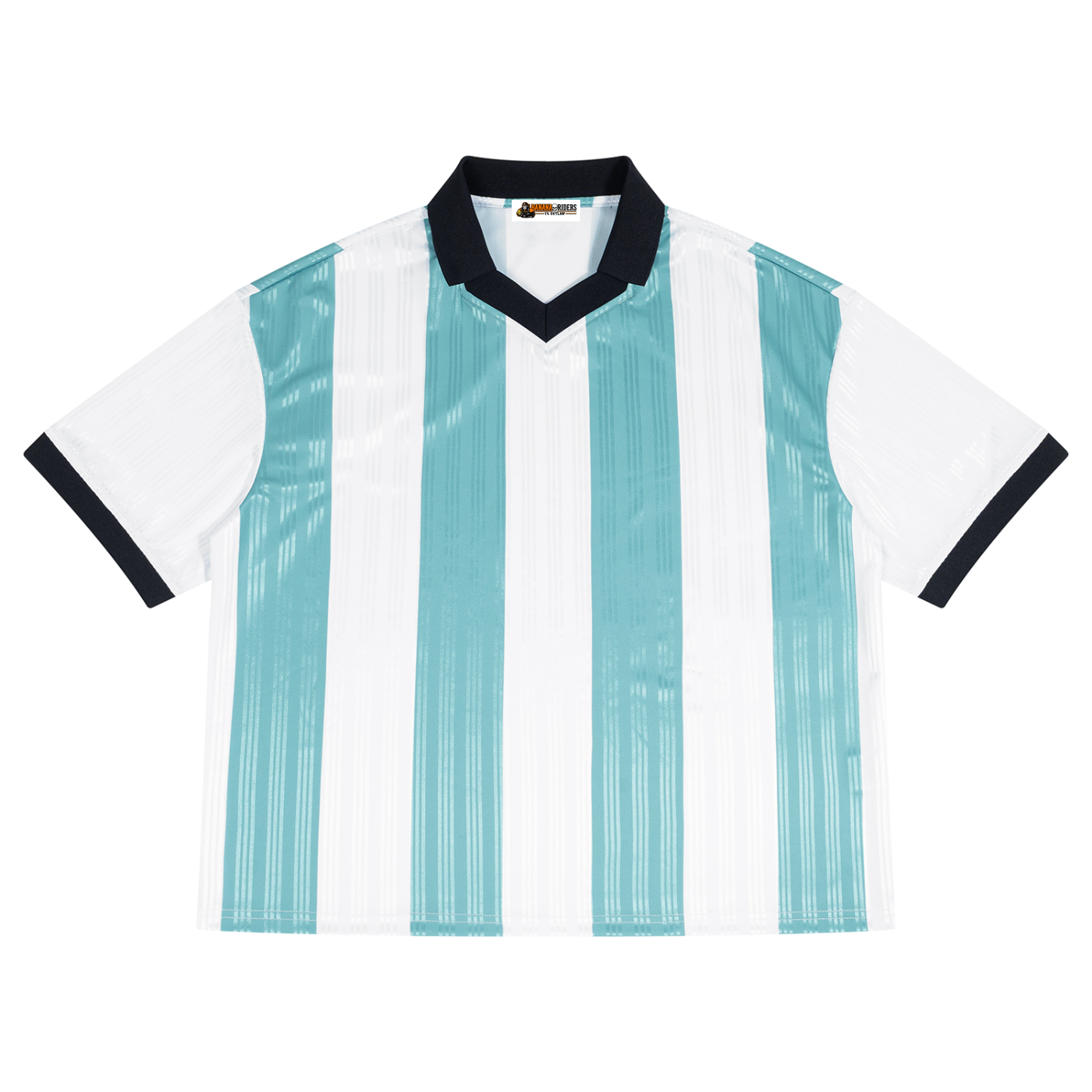 Unisex Boxy Striped Collared Soccer Jersey – White with Sky Blue front