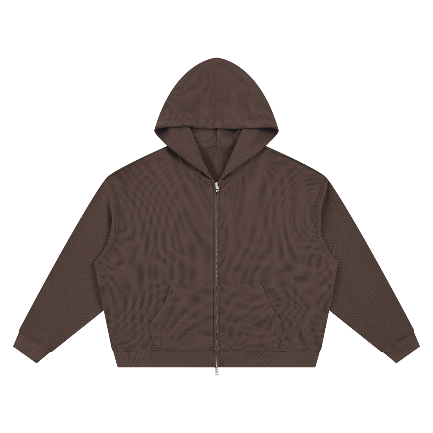 Unisex Waffle Boxy Full-Zip Hoodie in Coffee — front view