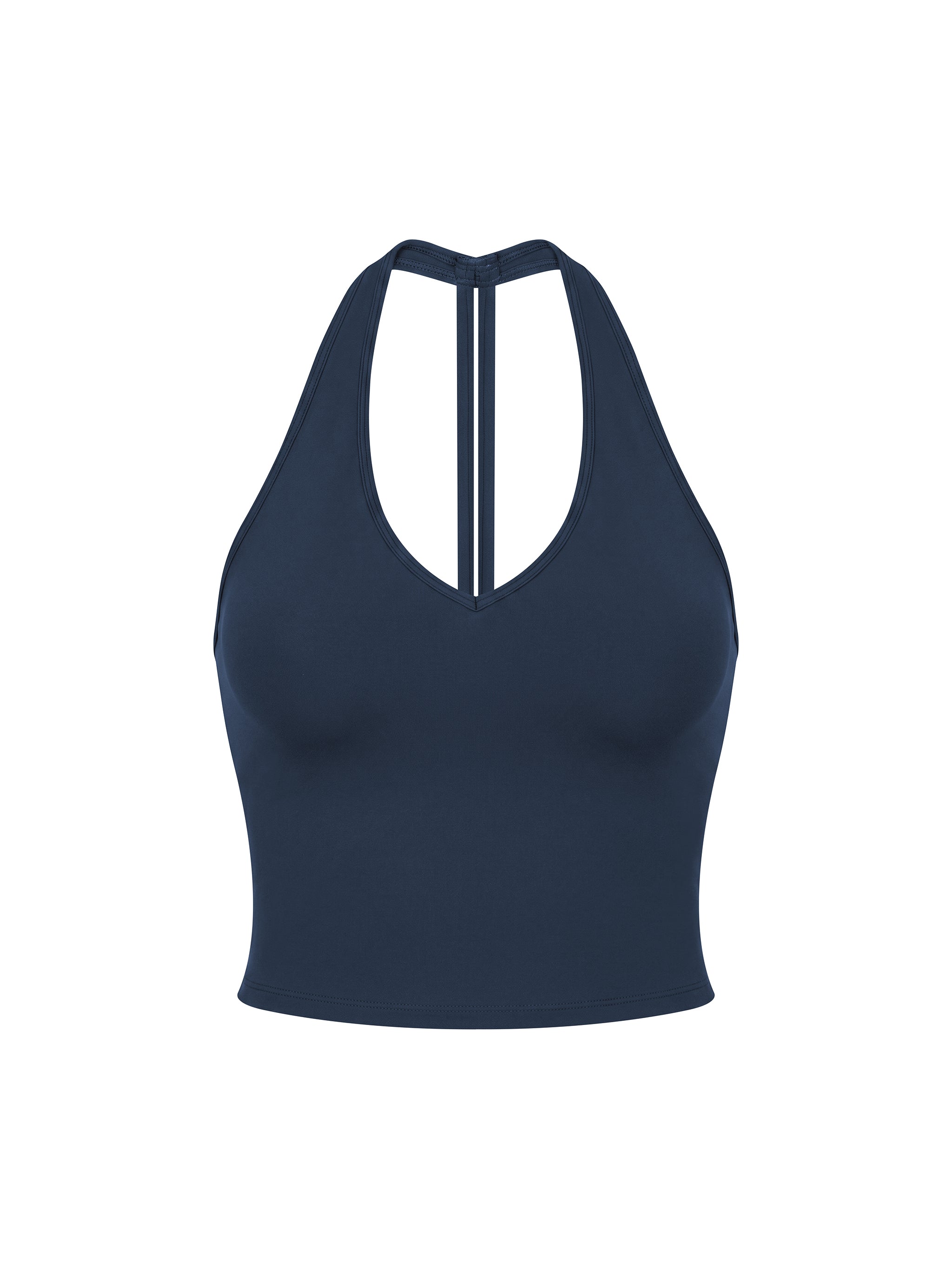 Women’s halter V-neck yoga tank top in navy blue