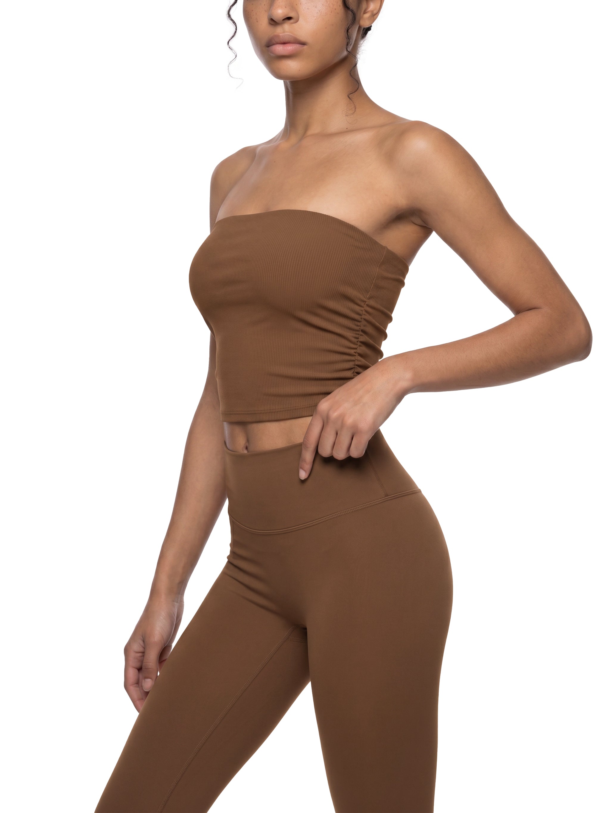 Women’s ruched cropped yoga tube top modelled view