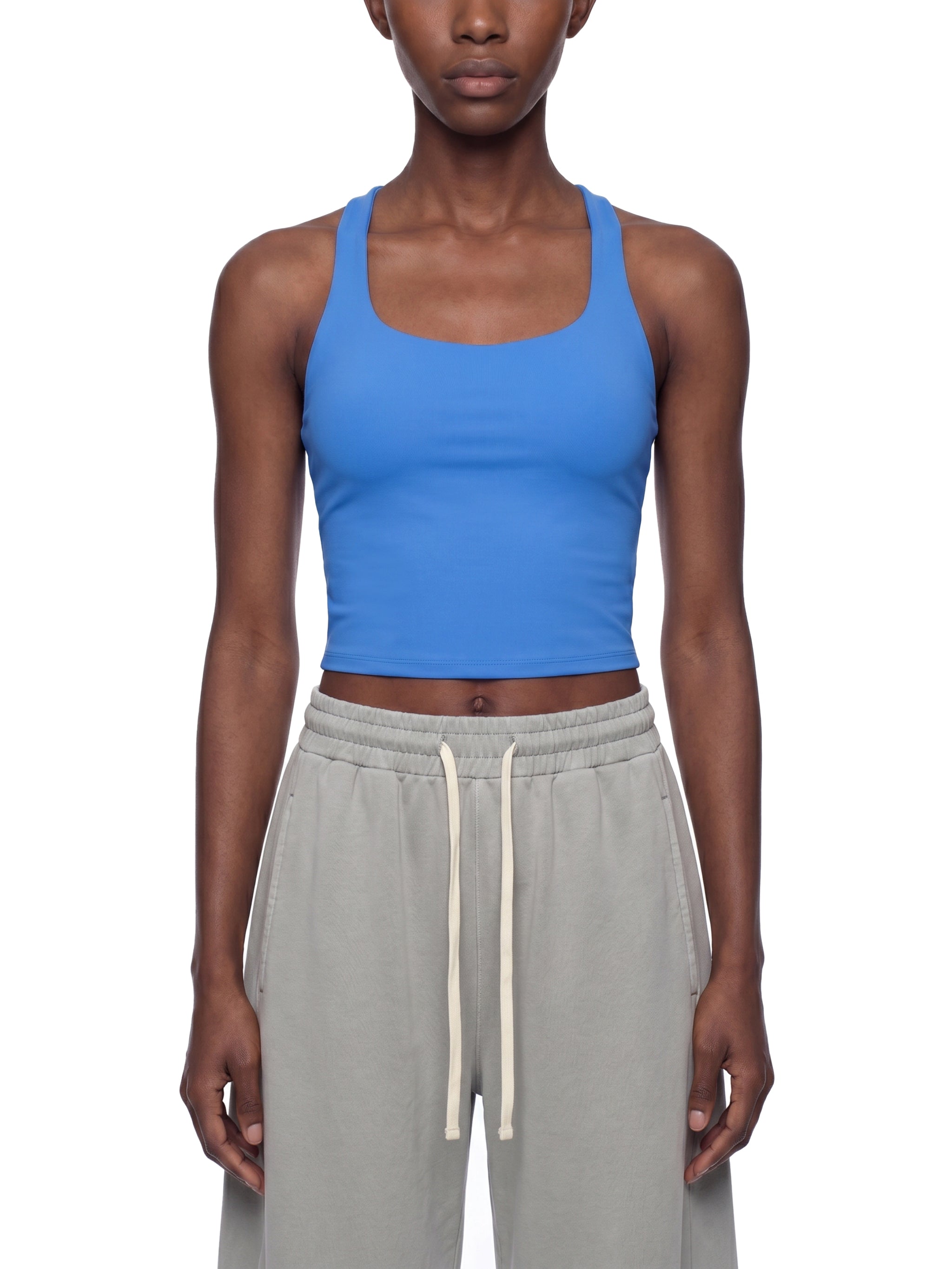 Women’s tight fit yoga tank top modelled view
