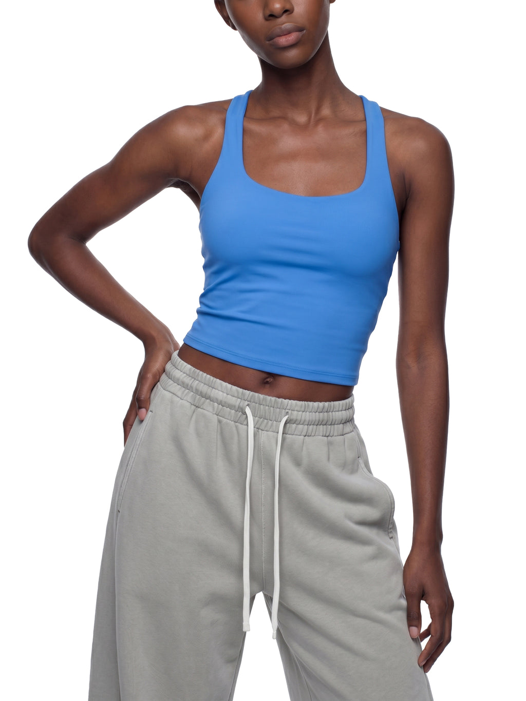 Women’s tight fit yoga tank top modelled view