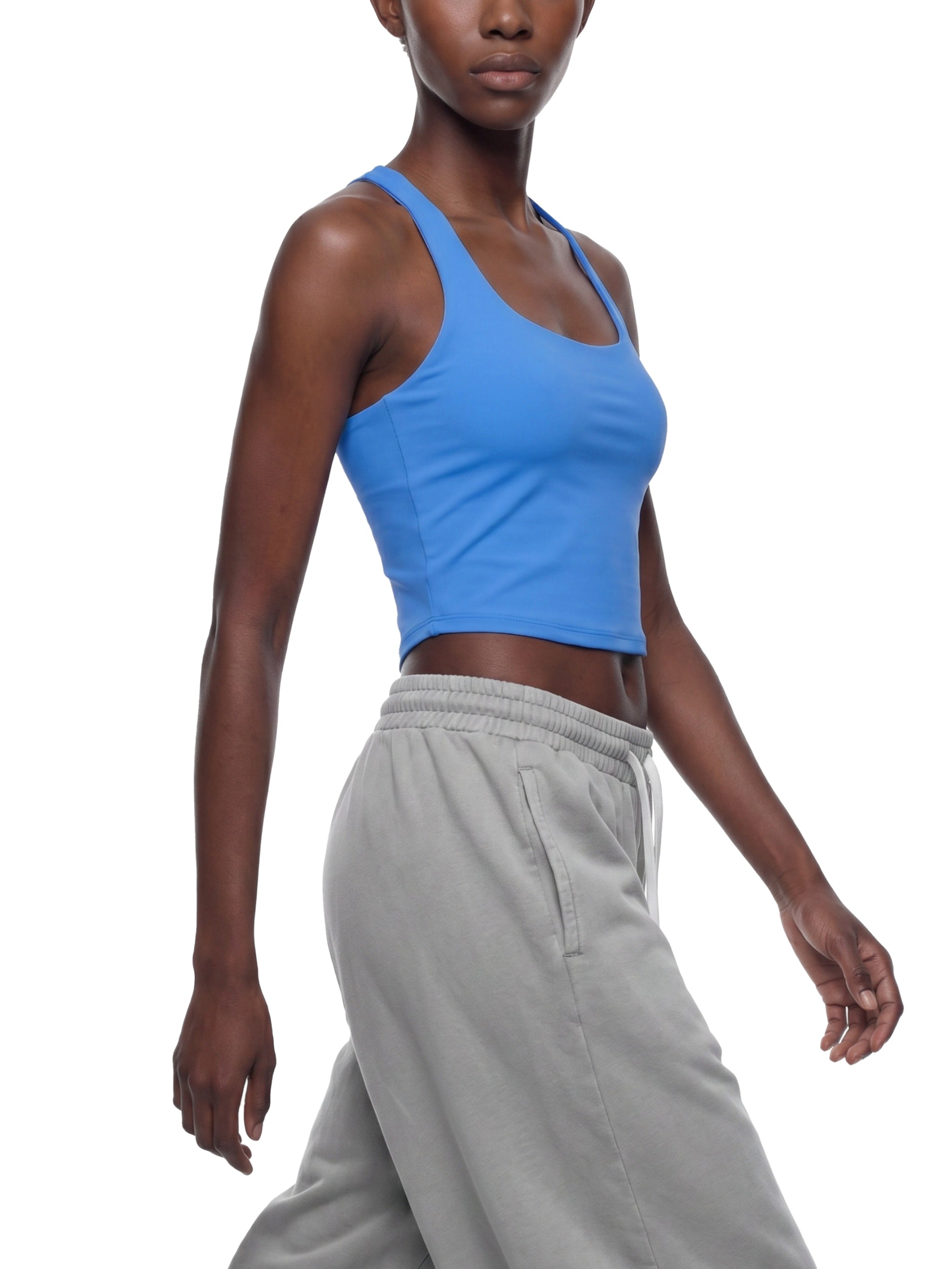 Women’s tight fit yoga tank top modelled view
