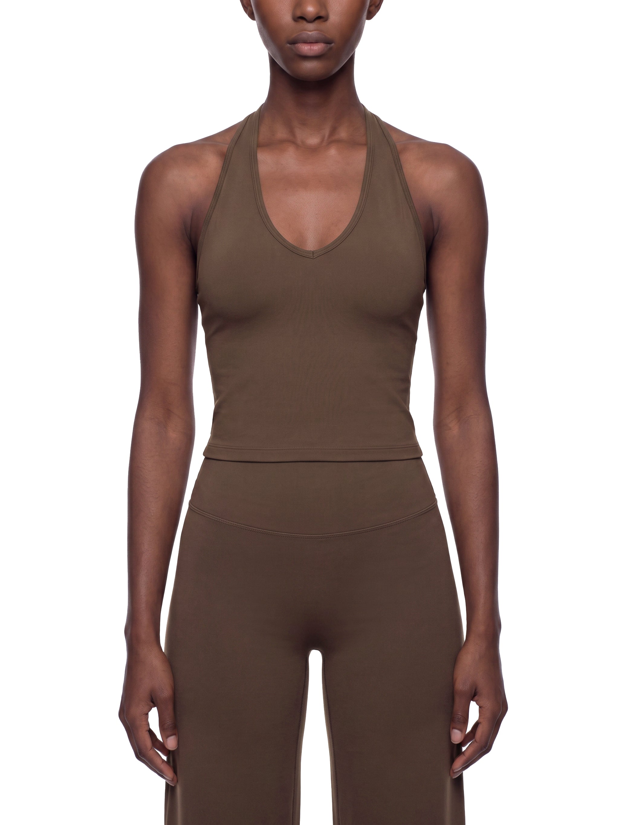 Women’s halter V-neck yoga tank top modelled view
