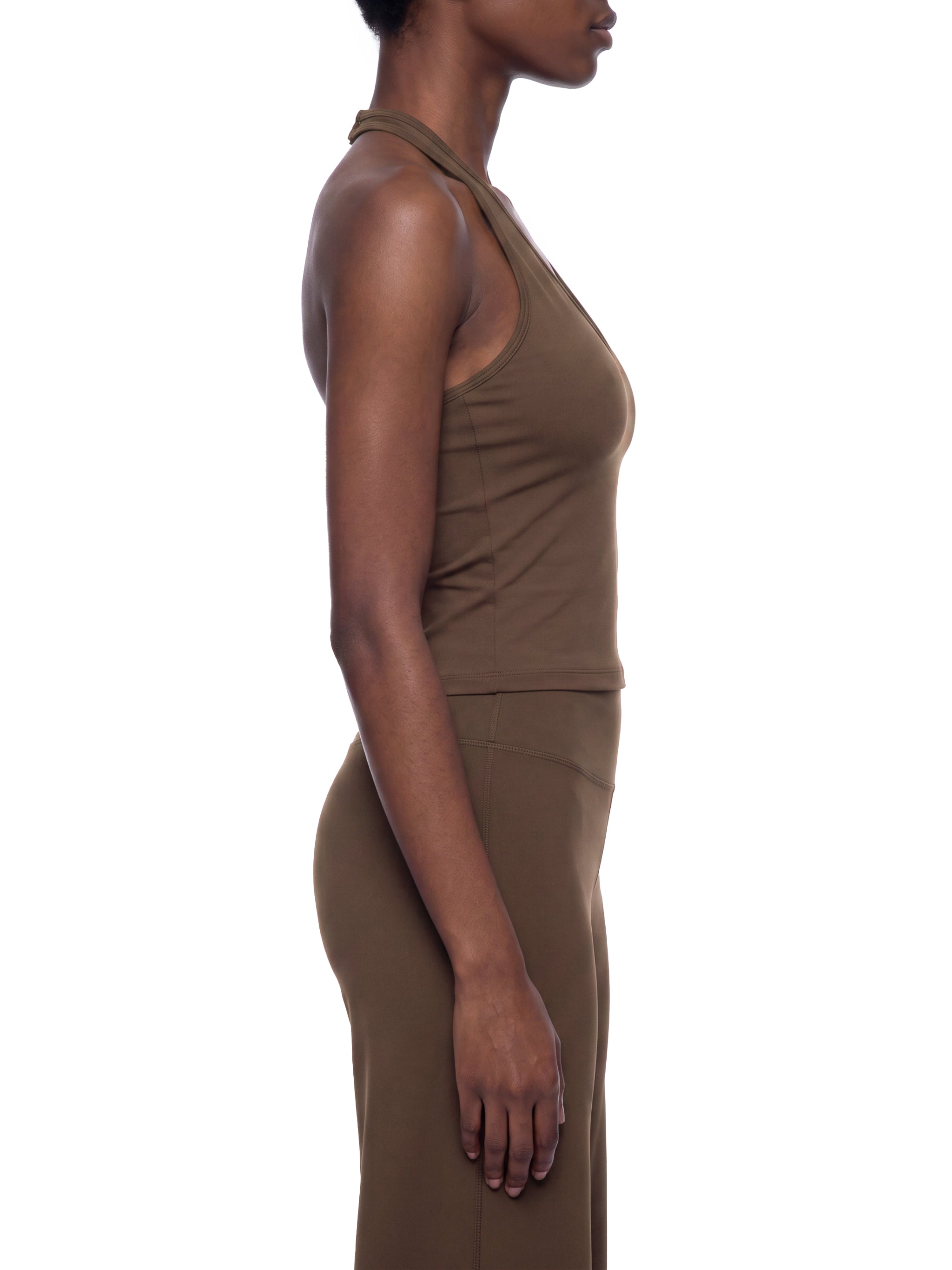 Women’s halter V-neck yoga tank top modelled view