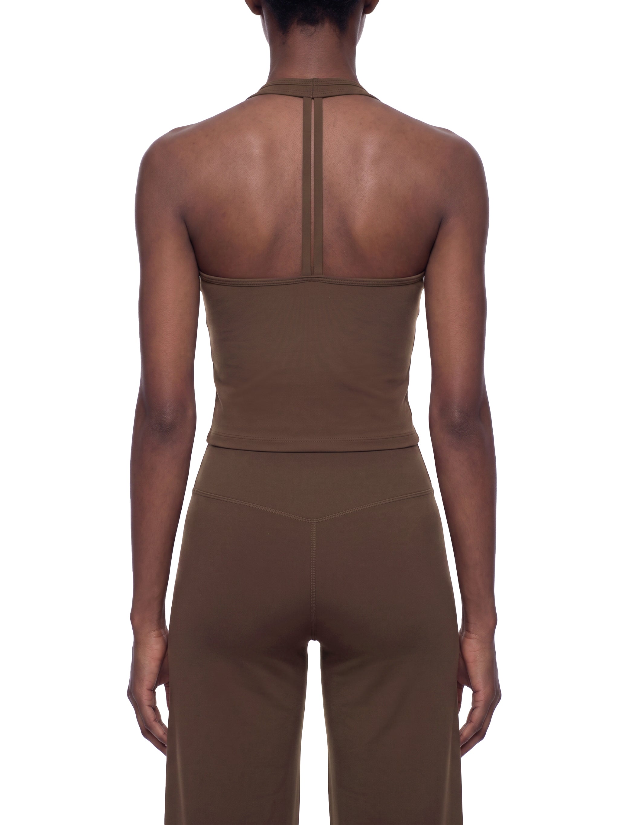 Women’s halter V-neck yoga tank top modelled view