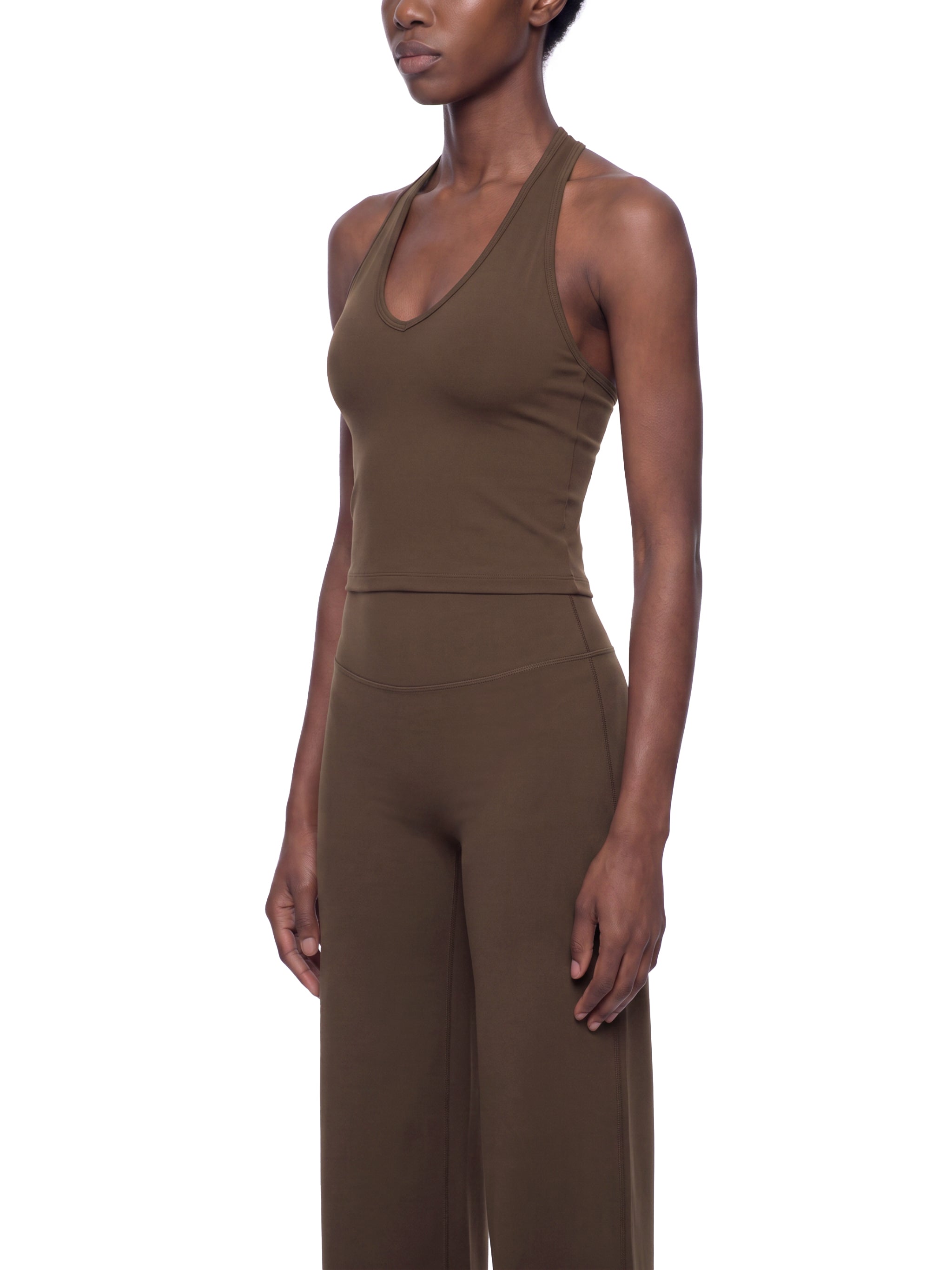 Women’s halter V-neck yoga tank top modelled view