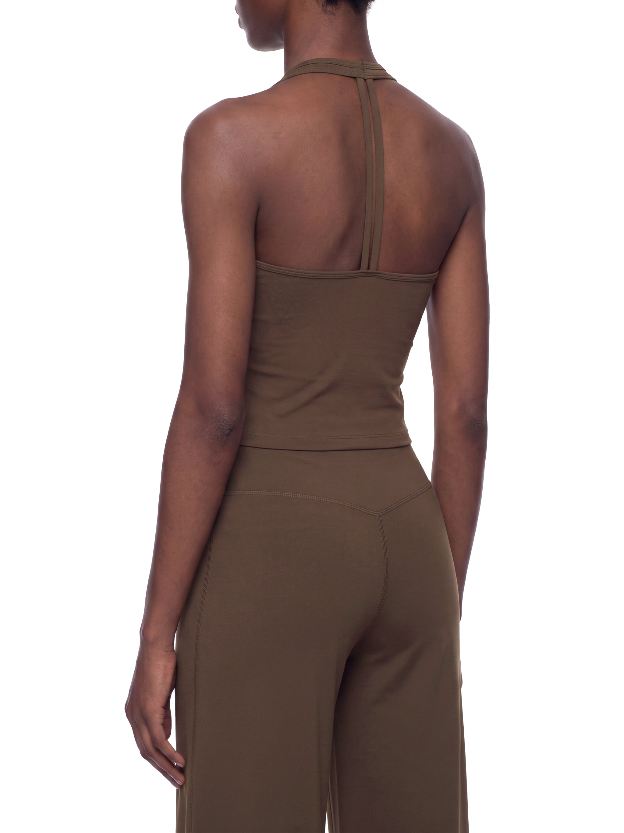 Women’s halter V-neck yoga tank top modelled view