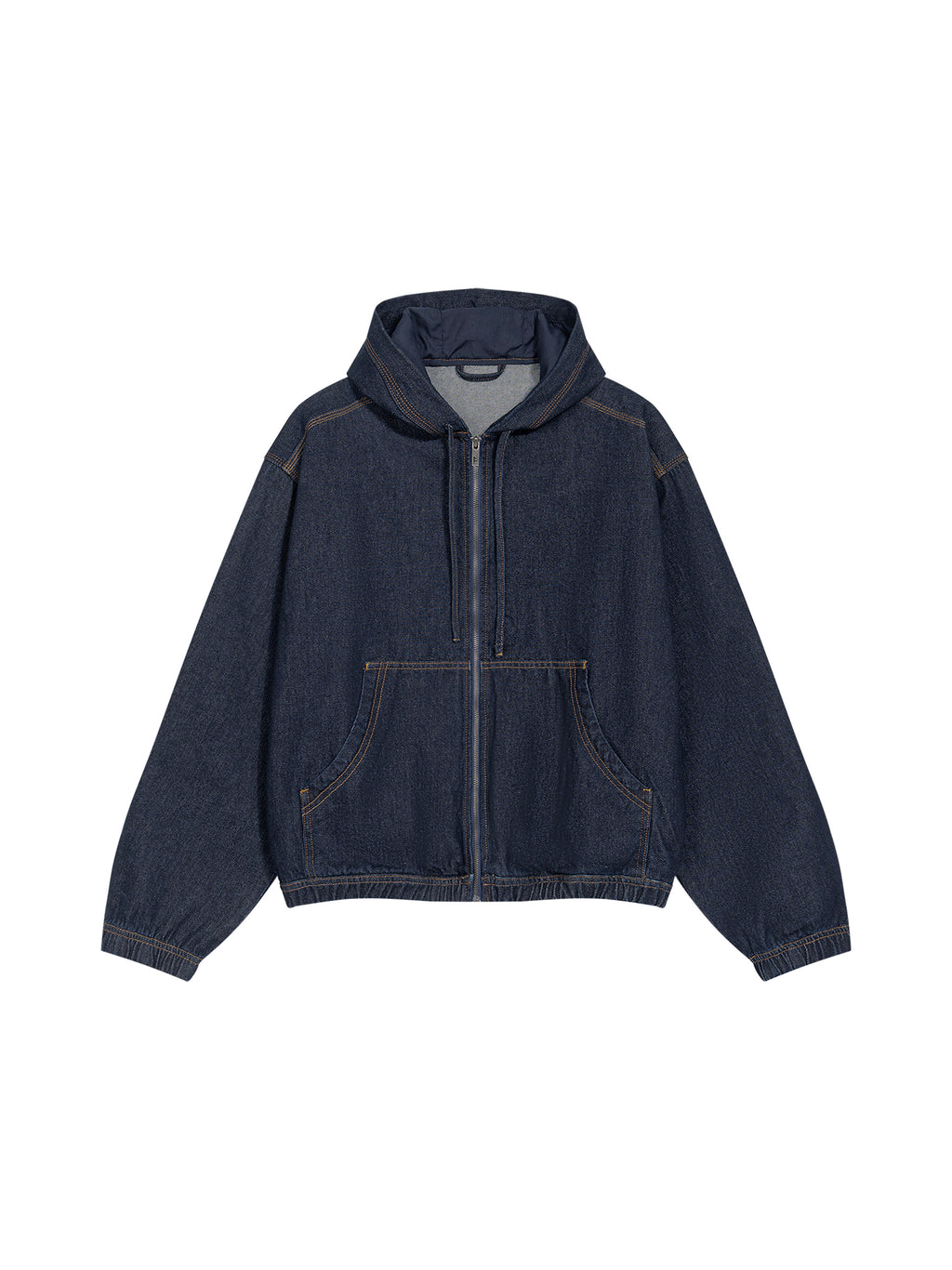 Men’s Boxy Vintage Wash Hooded Denim Jacket jeans blue front 3D mockup