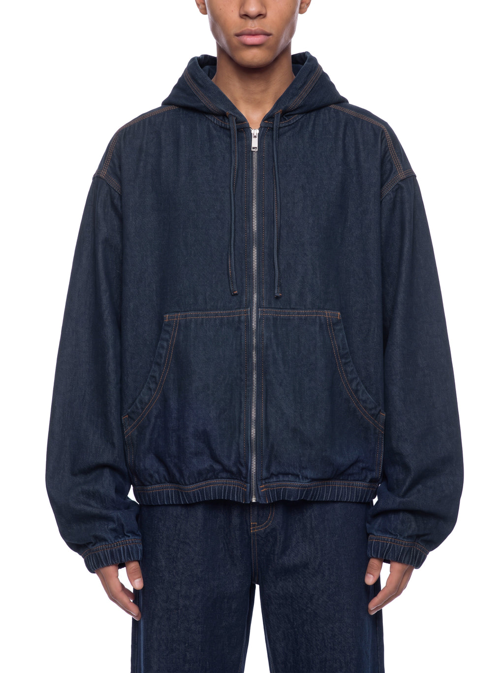 Men’s Boxy Vintage Wash Hooded Denim Jacket model front view