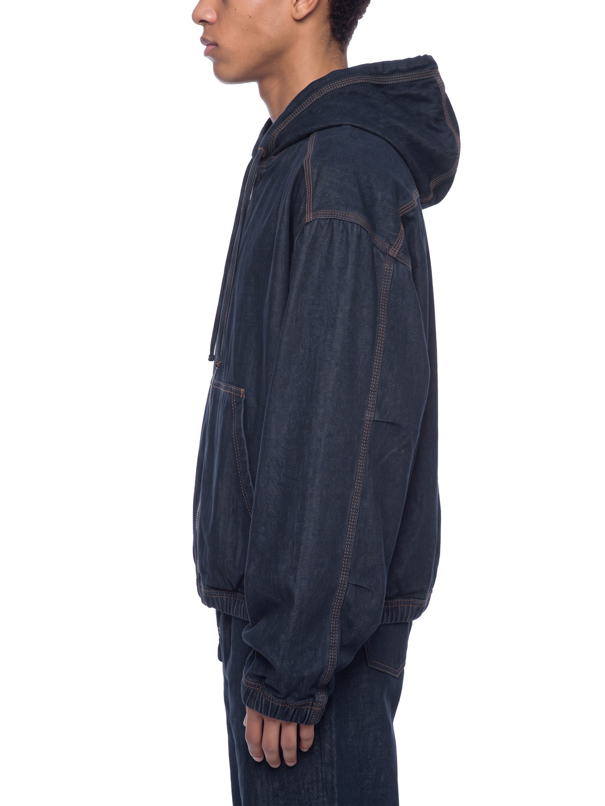 Men’s Boxy Vintage Wash Hooded Denim Jacket model side view