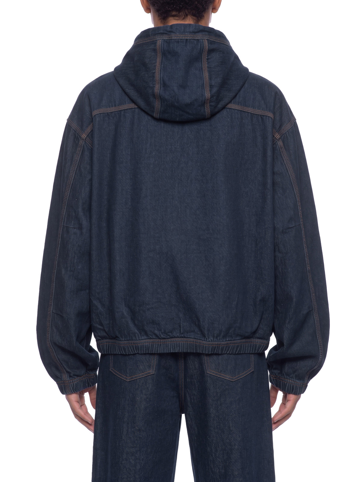 Men’s Boxy Vintage Wash Hooded Denim Jacket model back view