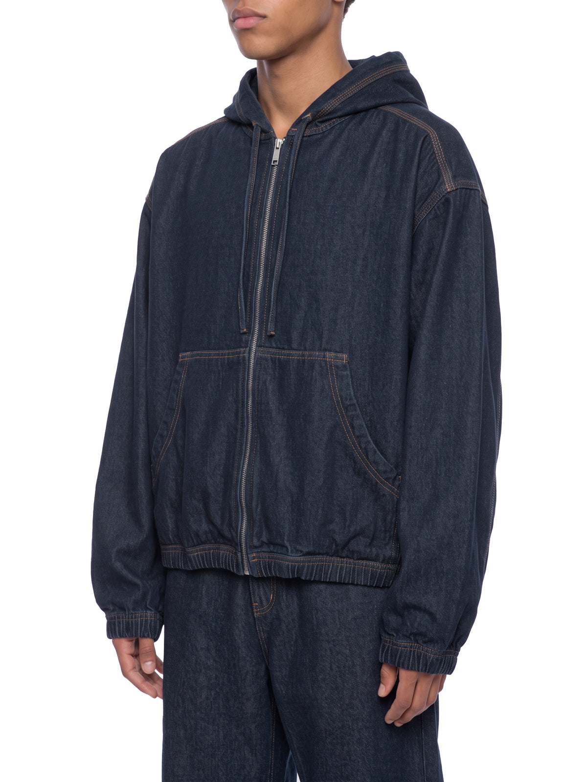 Men’s Boxy Vintage Wash Hooded Denim Jacket model angled front view