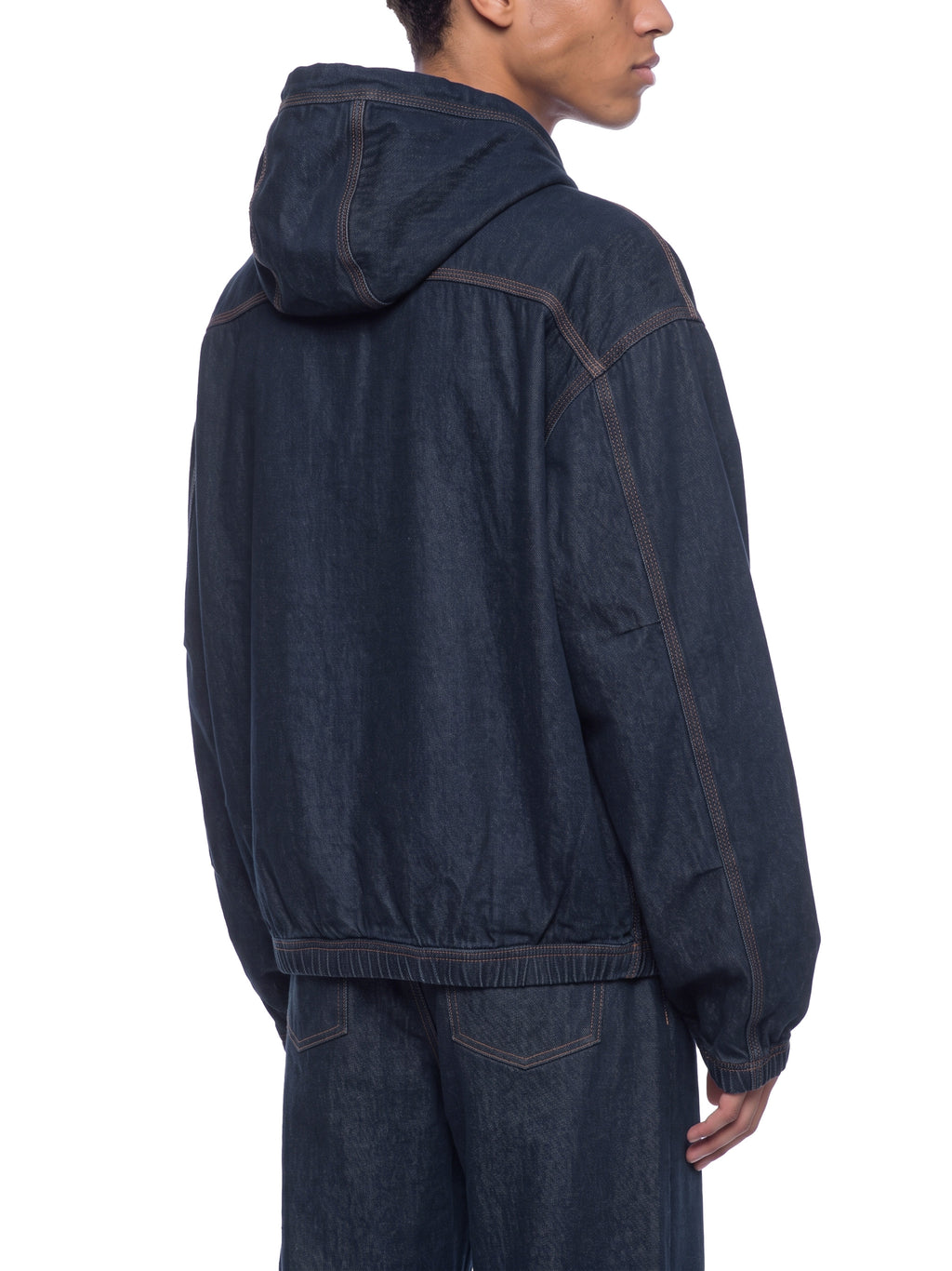 Men’s Boxy Vintage Wash Hooded Denim Jacket model rear angled view