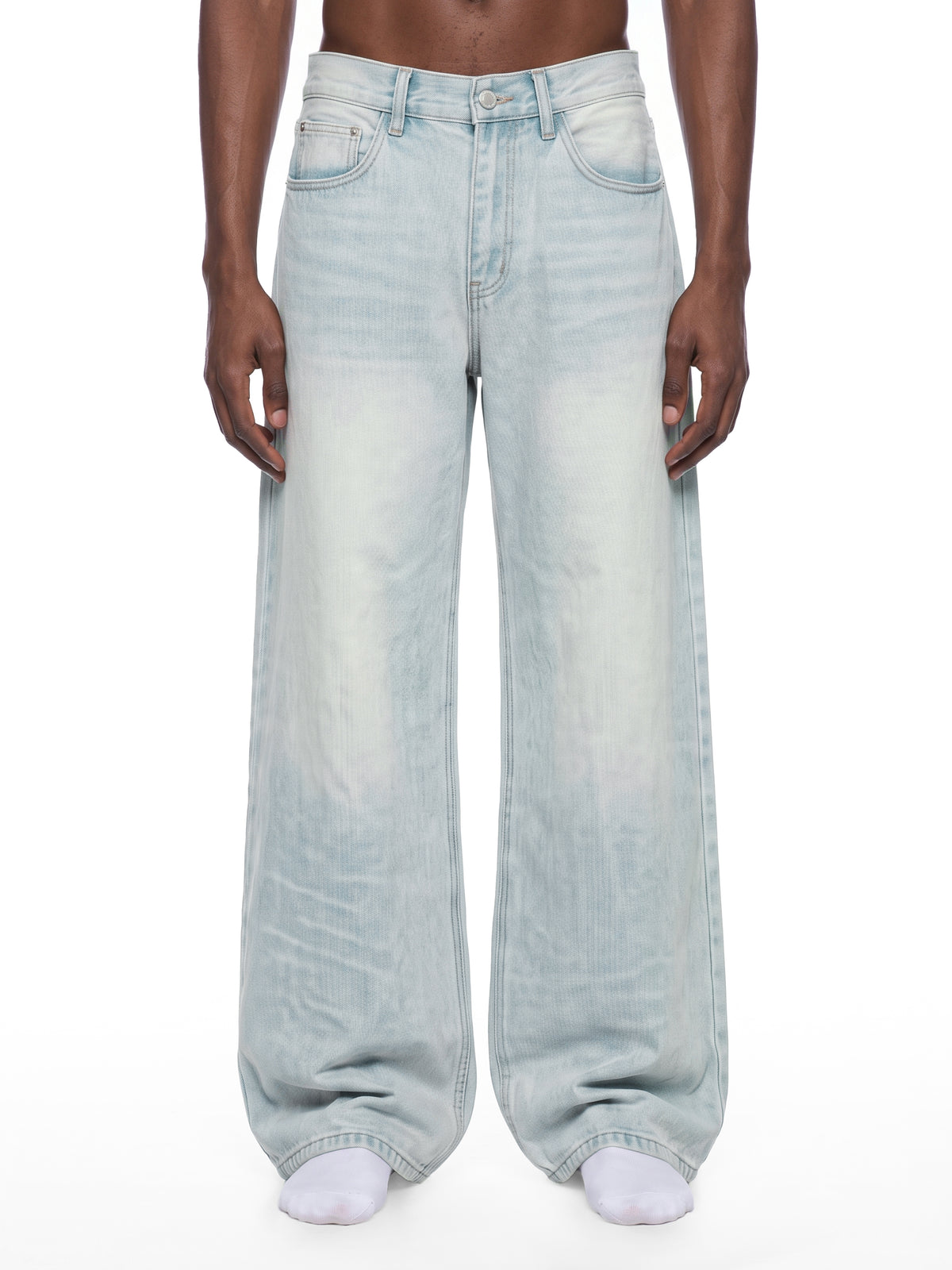 Men’s Vintage Wash Wide Leg Denim Jeans model front view