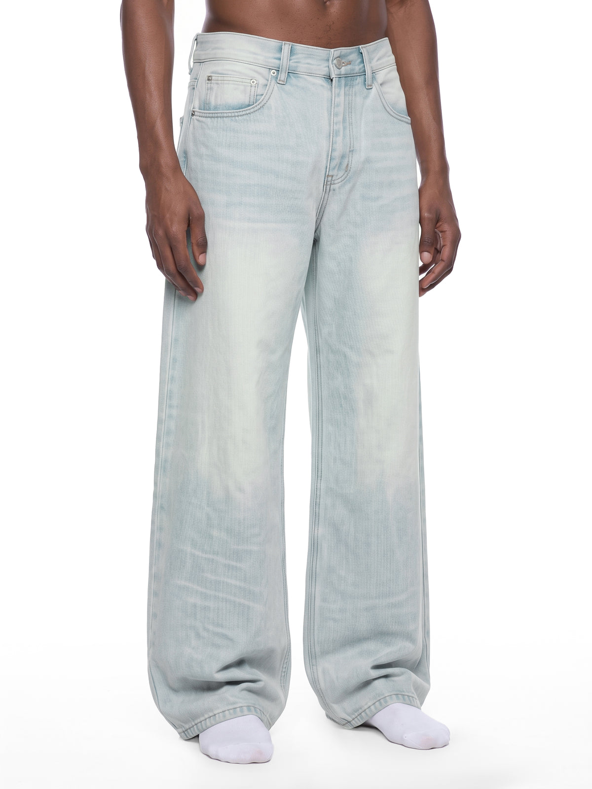 Men’s Vintage Wash Wide Leg Denim Jeans model angled front view