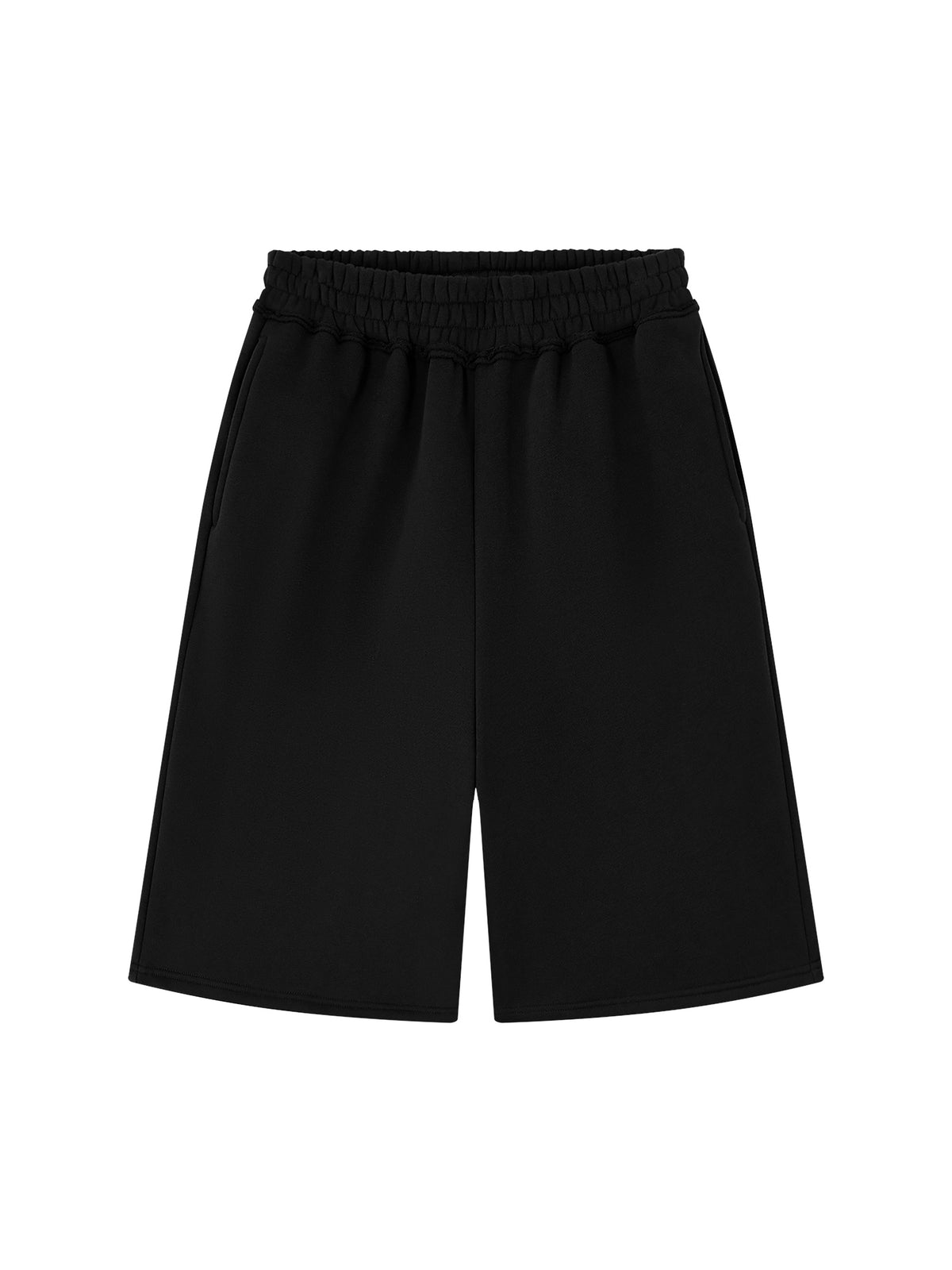 Off Script Unisex Raw Edge Fleece Shorts Black front view