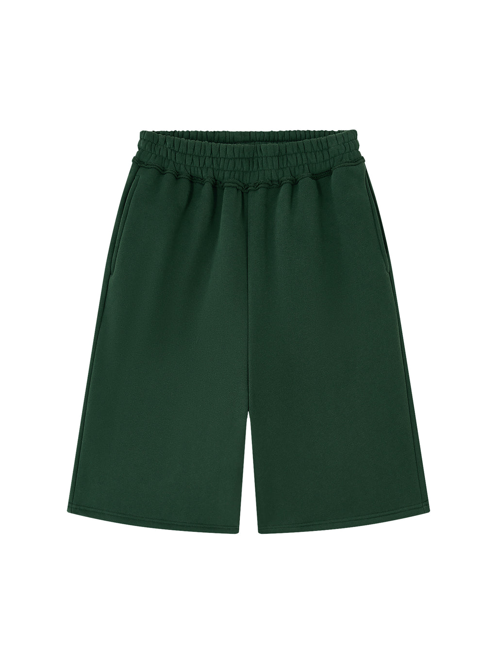 Off Script Unisex Raw Edge Fleece Shorts Dark Green front view