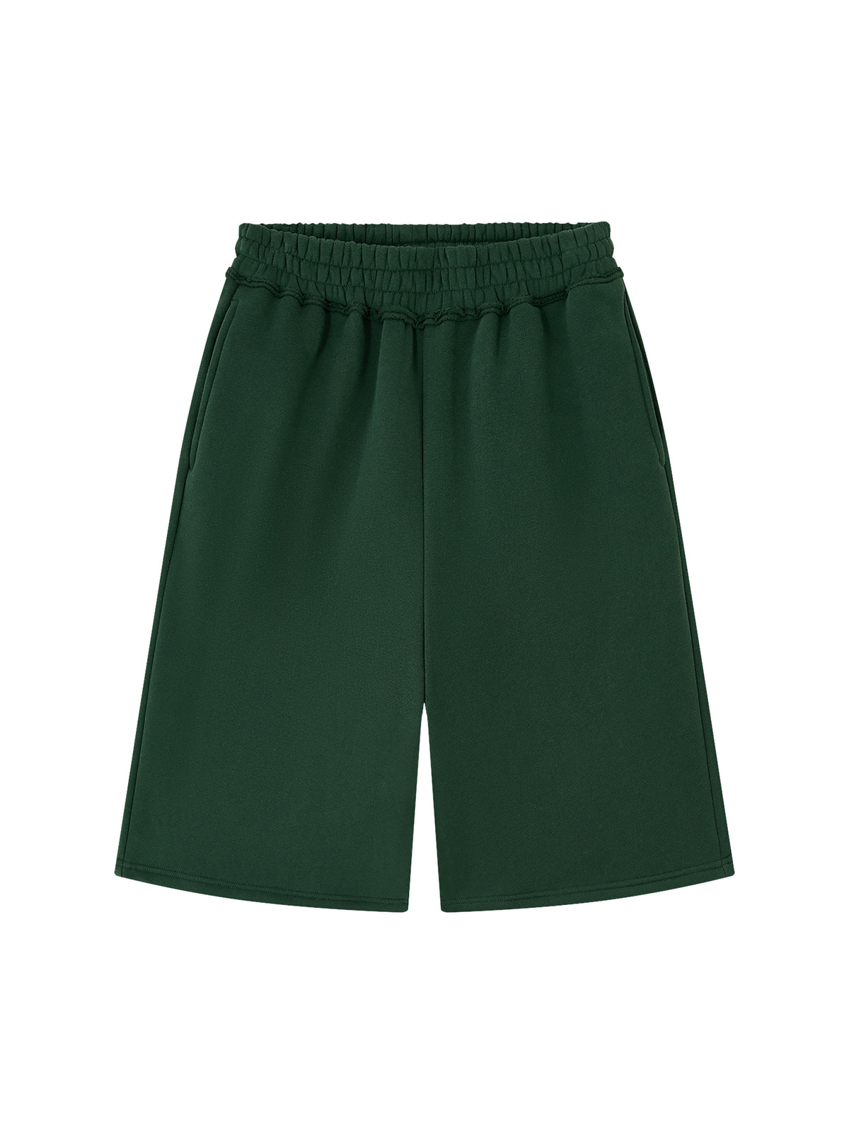 Off Script Unisex Raw Edge Fleece Shorts Dark Green front view
