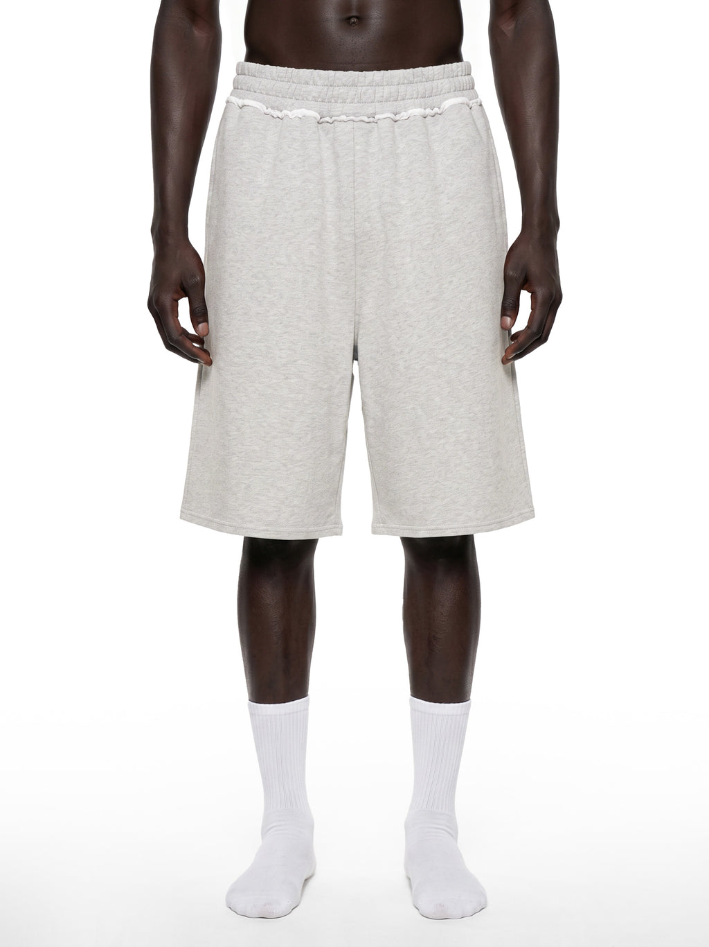 Off Script Unisex Raw Edge Fleece Shorts model front view