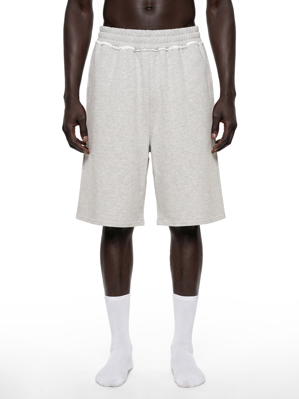 Off Script Unisex Raw Edge Fleece Shorts model front view