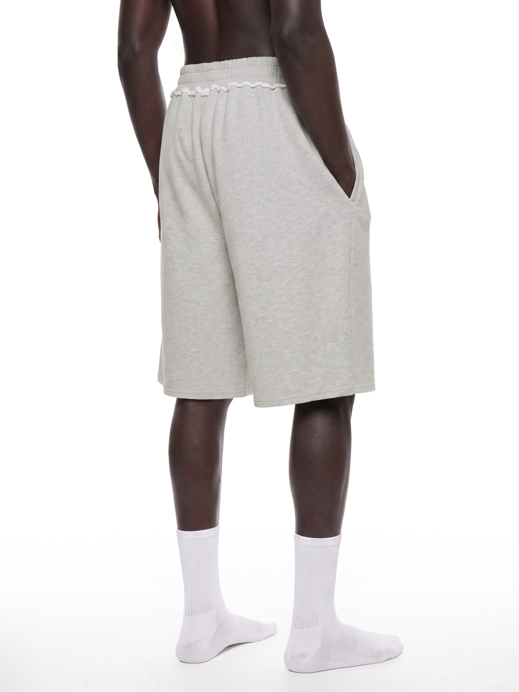 Off Script Unisex Raw Edge Fleece Shorts model view 5