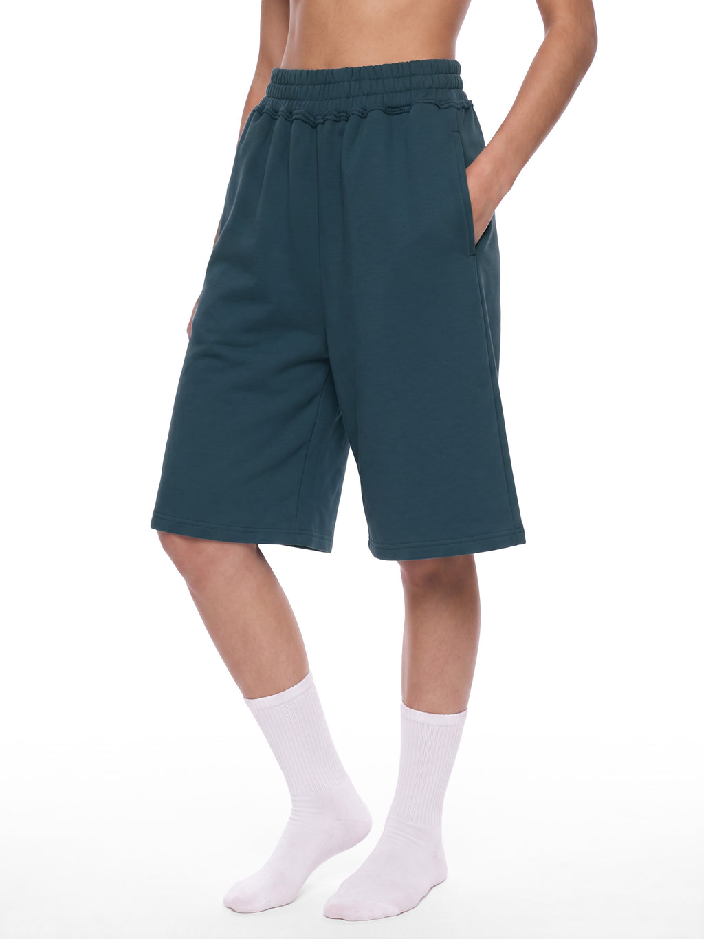 Off Script Unisex Raw Edge Fleece Shorts model view 10
