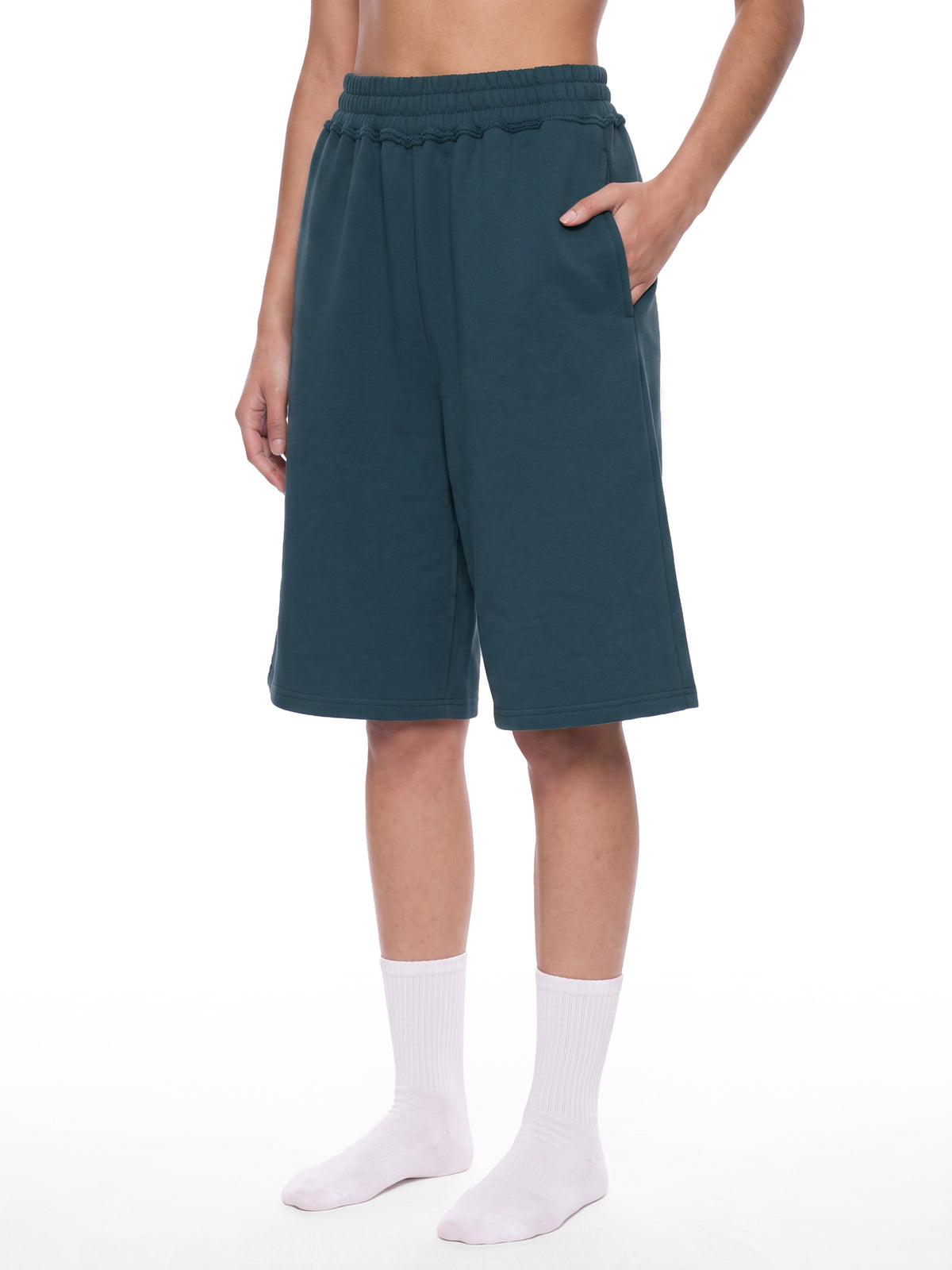Off Script Unisex Raw Edge Fleece Shorts model view 12