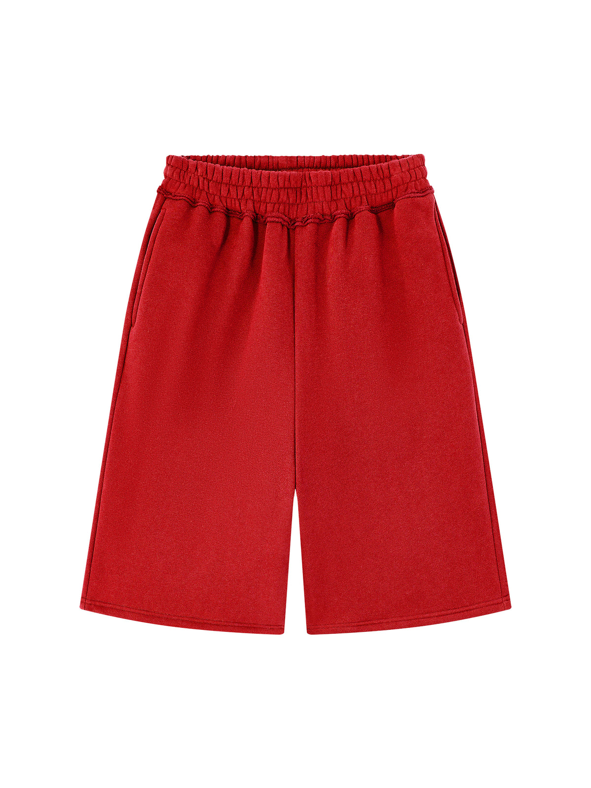 Off Script Unisex Raw Edge Fleece Shorts Red front view