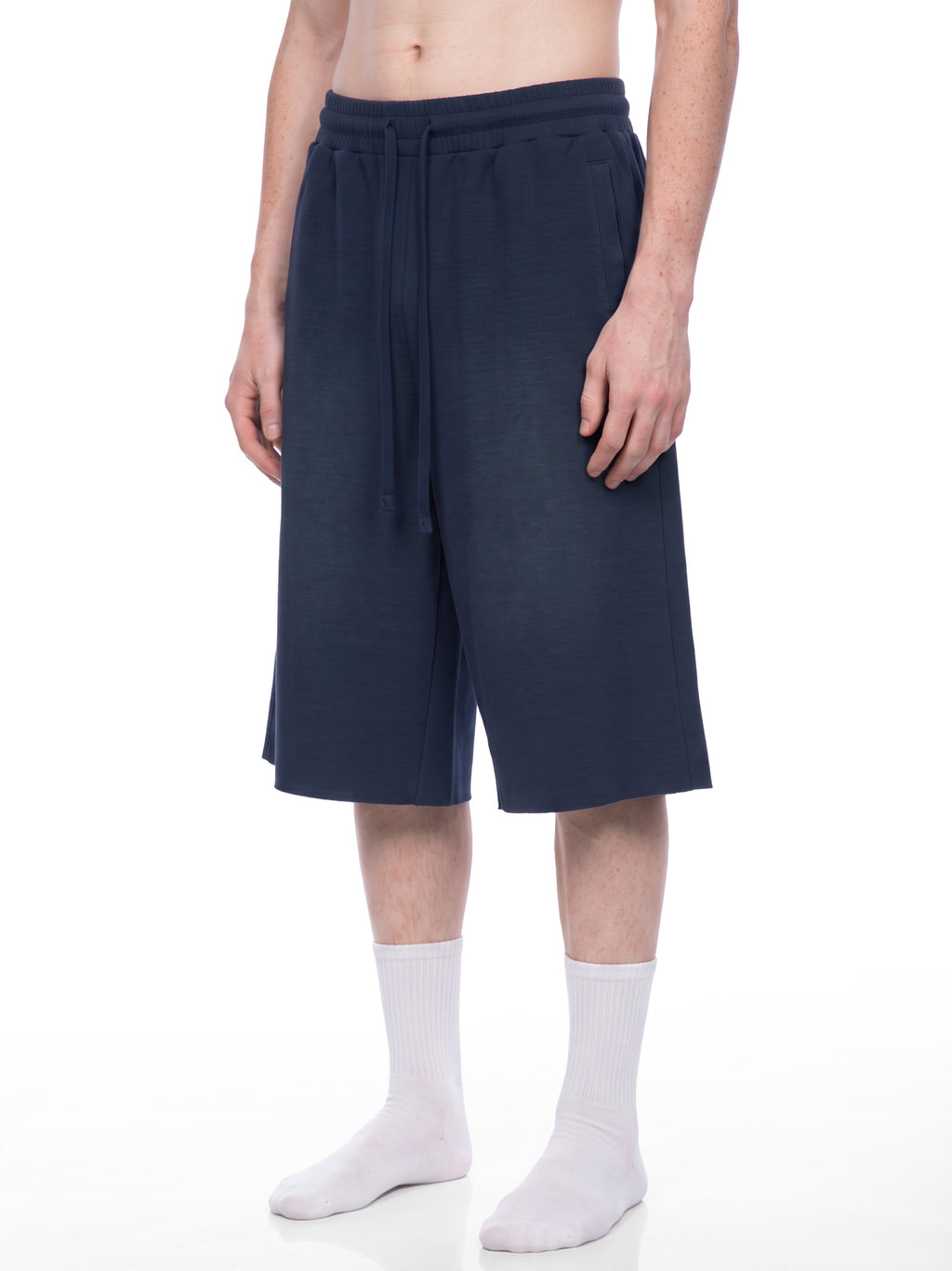 Off Script Unisex Sunfade Raw Edge Shorts model three-quarter view