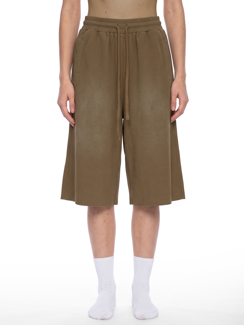 Off Script Unisex Sunfade Raw Edge Shorts Coffee model front view